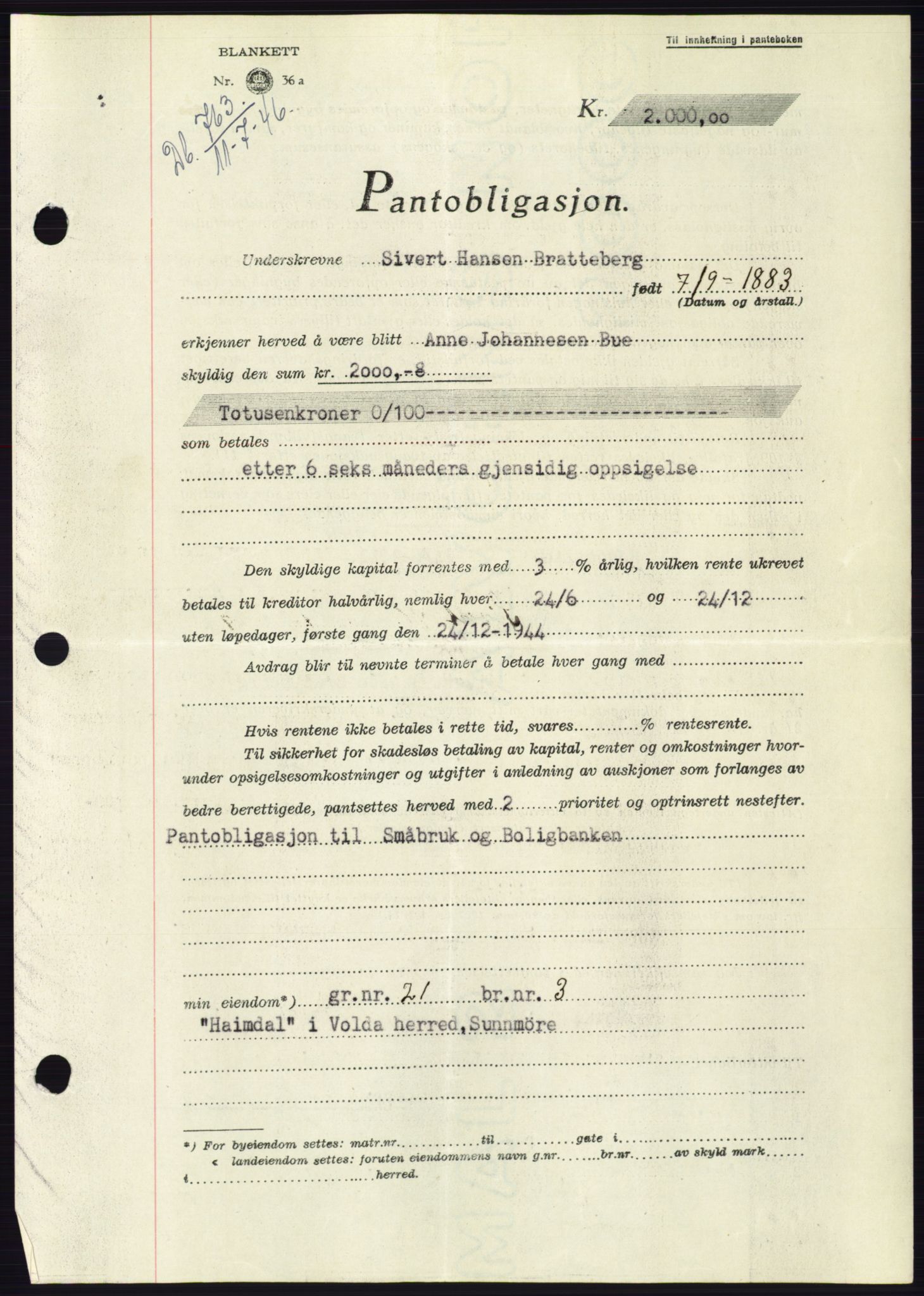 Søre Sunnmøre sorenskriveri, AV/SAT-A-4122/1/2/2C/L0114: Mortgage book no. 1-2B, 1943-1947, Diary no: : 763/1946