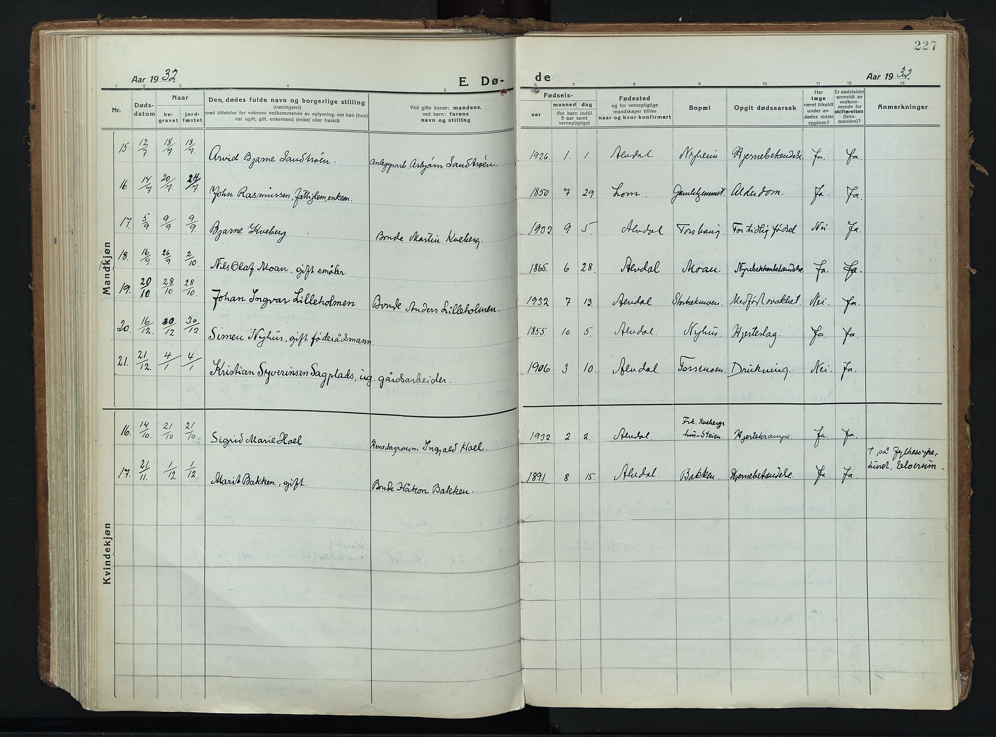 Alvdal prestekontor, SAH/PREST-060/H/Ha/Haa/L0006: Parish register (official) no. 6, 1920-1937, p. 227