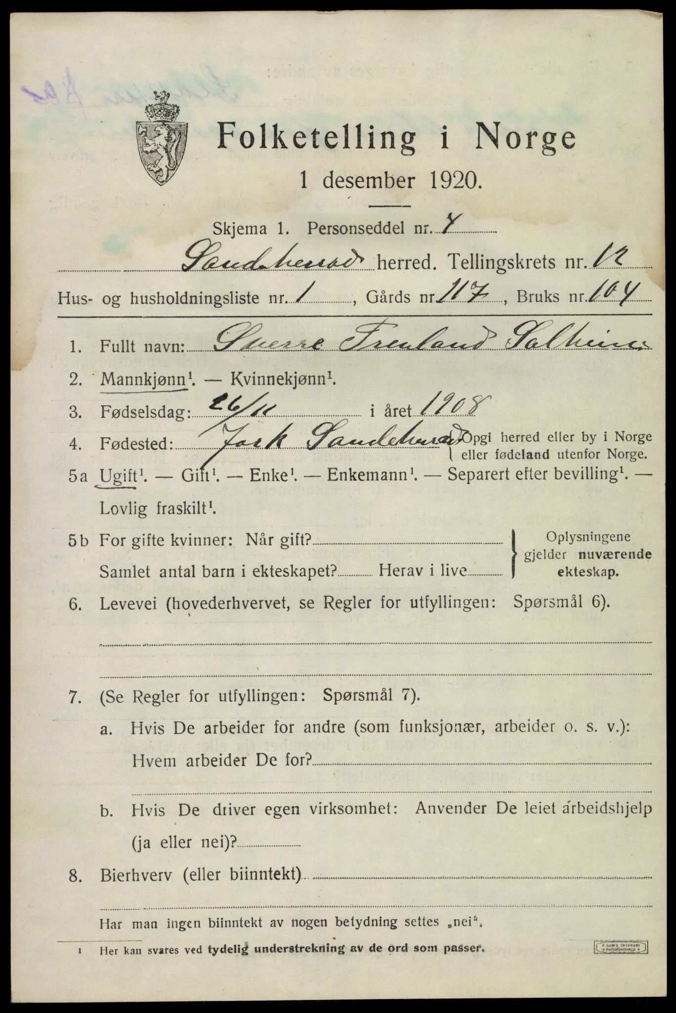 SAKO, 1920 census for Sandeherred, 1920, p. 18094