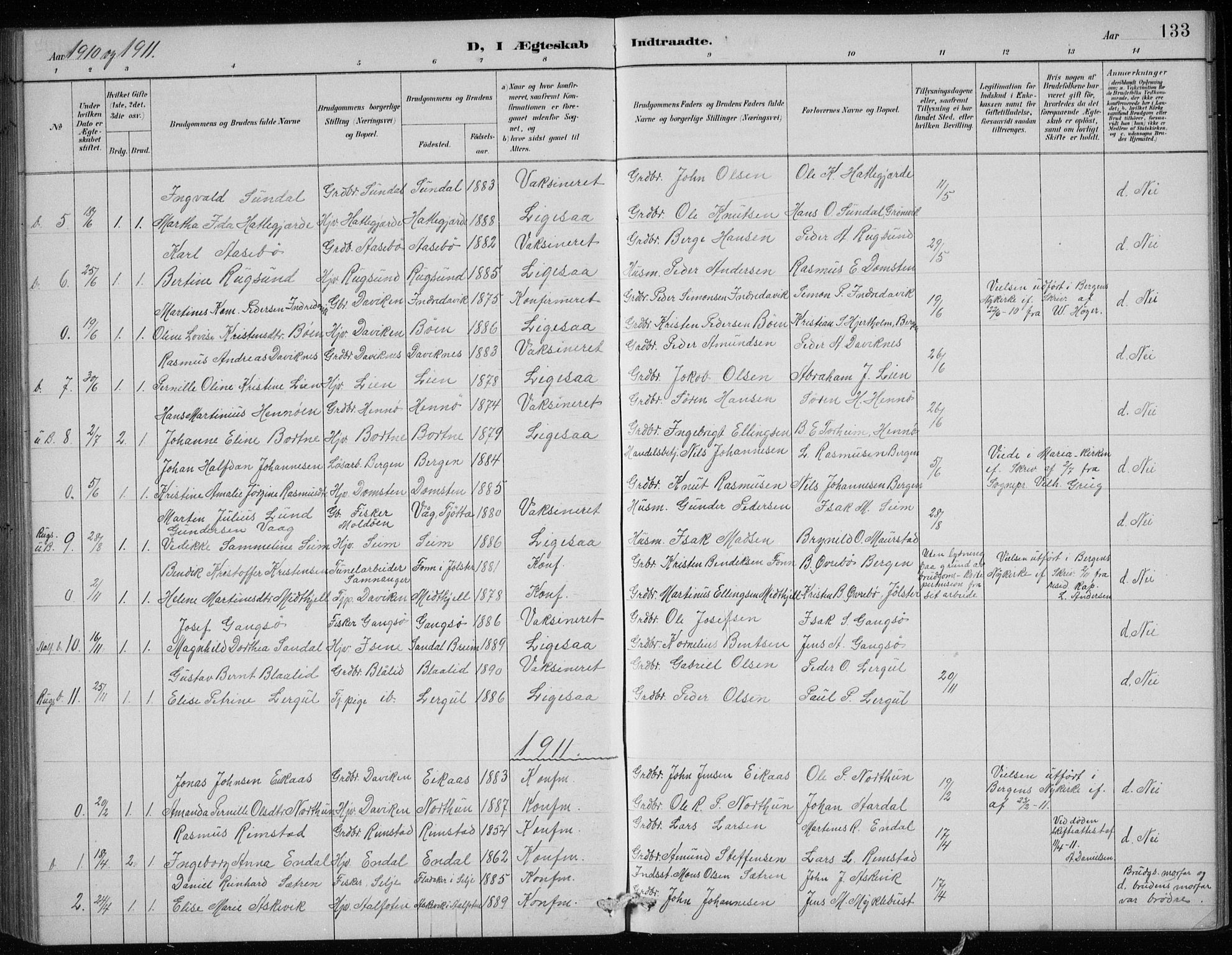 Davik sokneprestembete, AV/SAB-A-79701/H/Hab/Haba/L0002: Parish register (copy) no. A 2, 1890-1911, p. 133