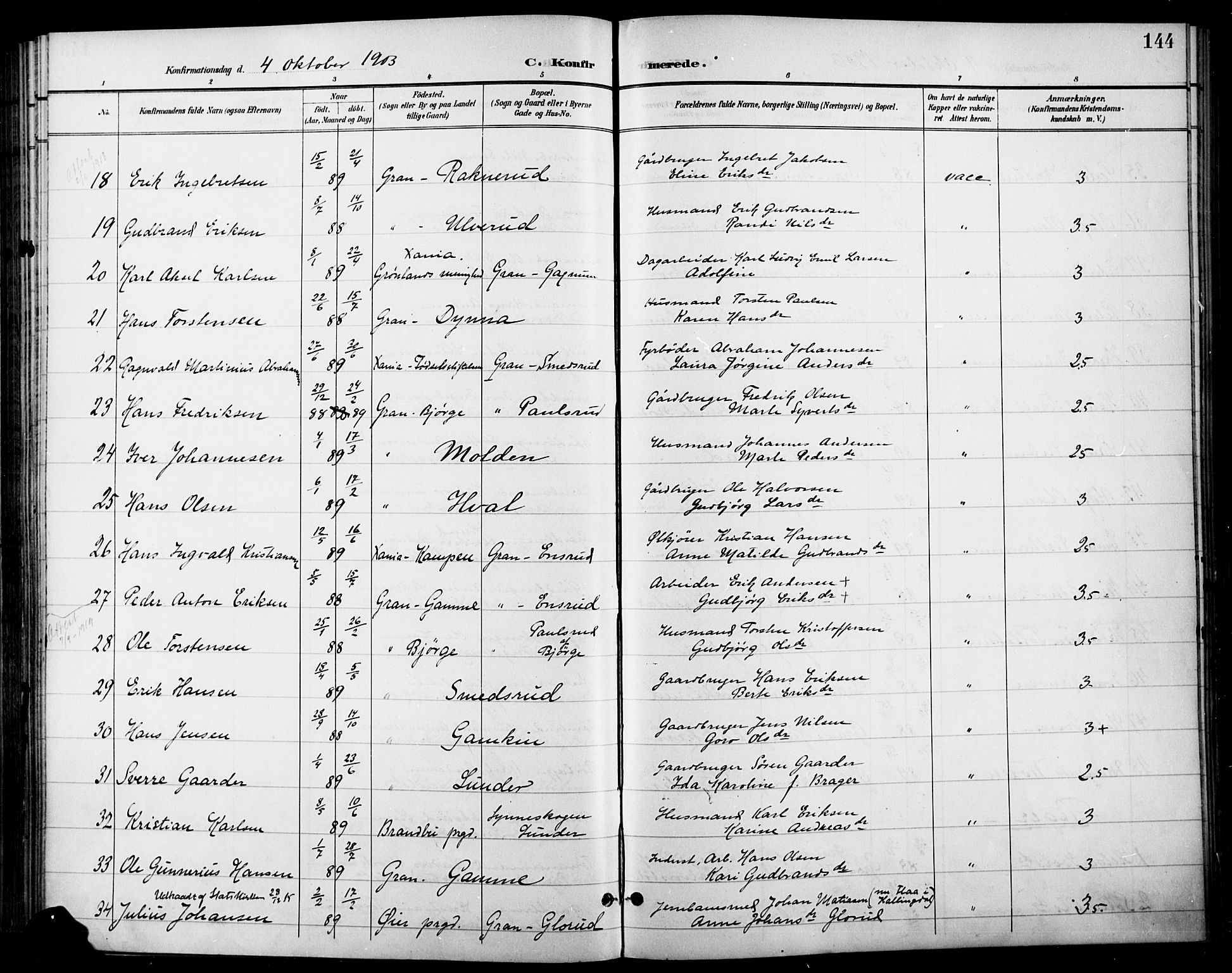 Gran prestekontor, SAH/PREST-112/H/Ha/Haa/L0019: Parish register (official) no. 19, 1898-1907, p. 144