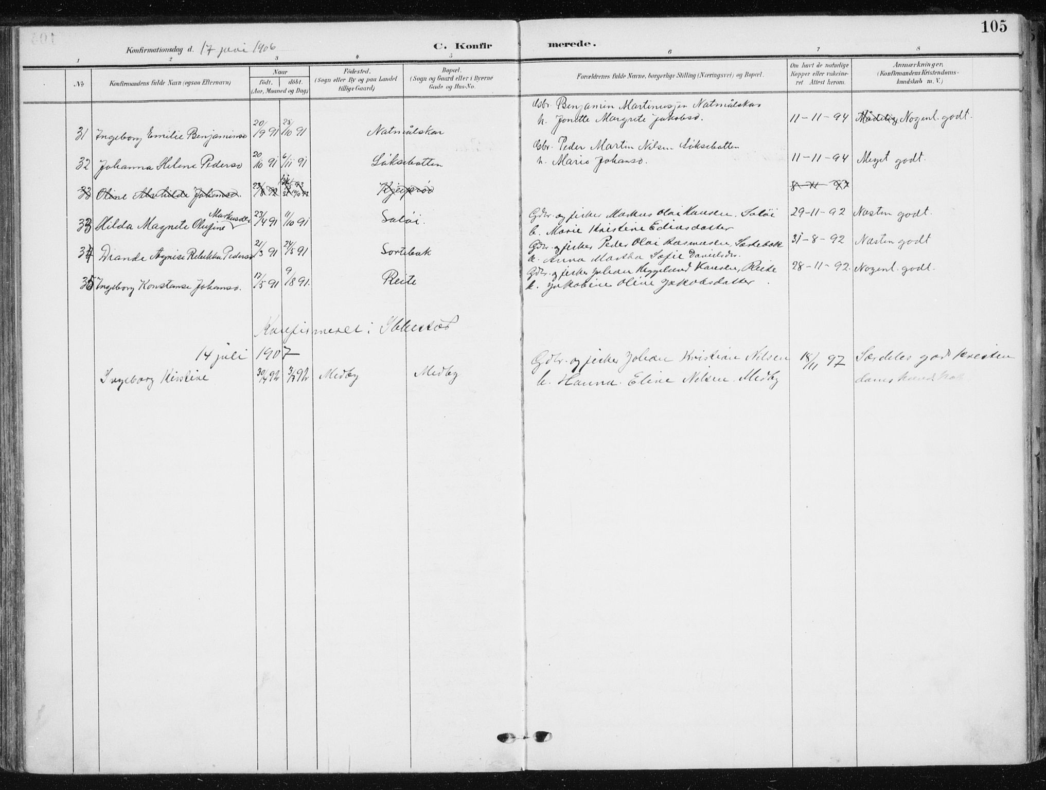 Salangen sokneprestembete, SATØ/S-1324/H/Ha/L0002kirke: Parish register (official) no. 2, 1902-1911, p. 105