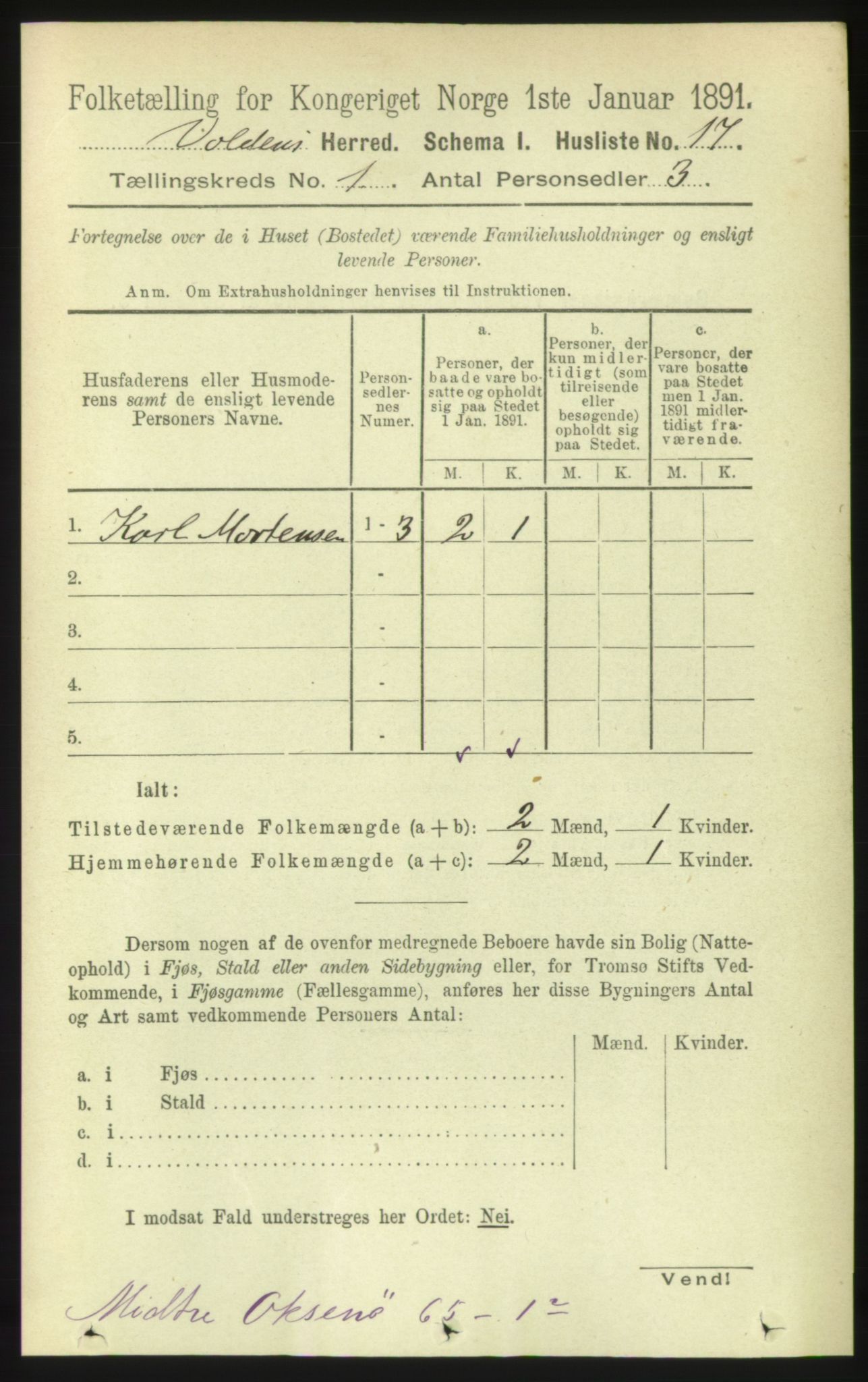 RA, 1891 census for 1519 Volda, 1891, p. 43