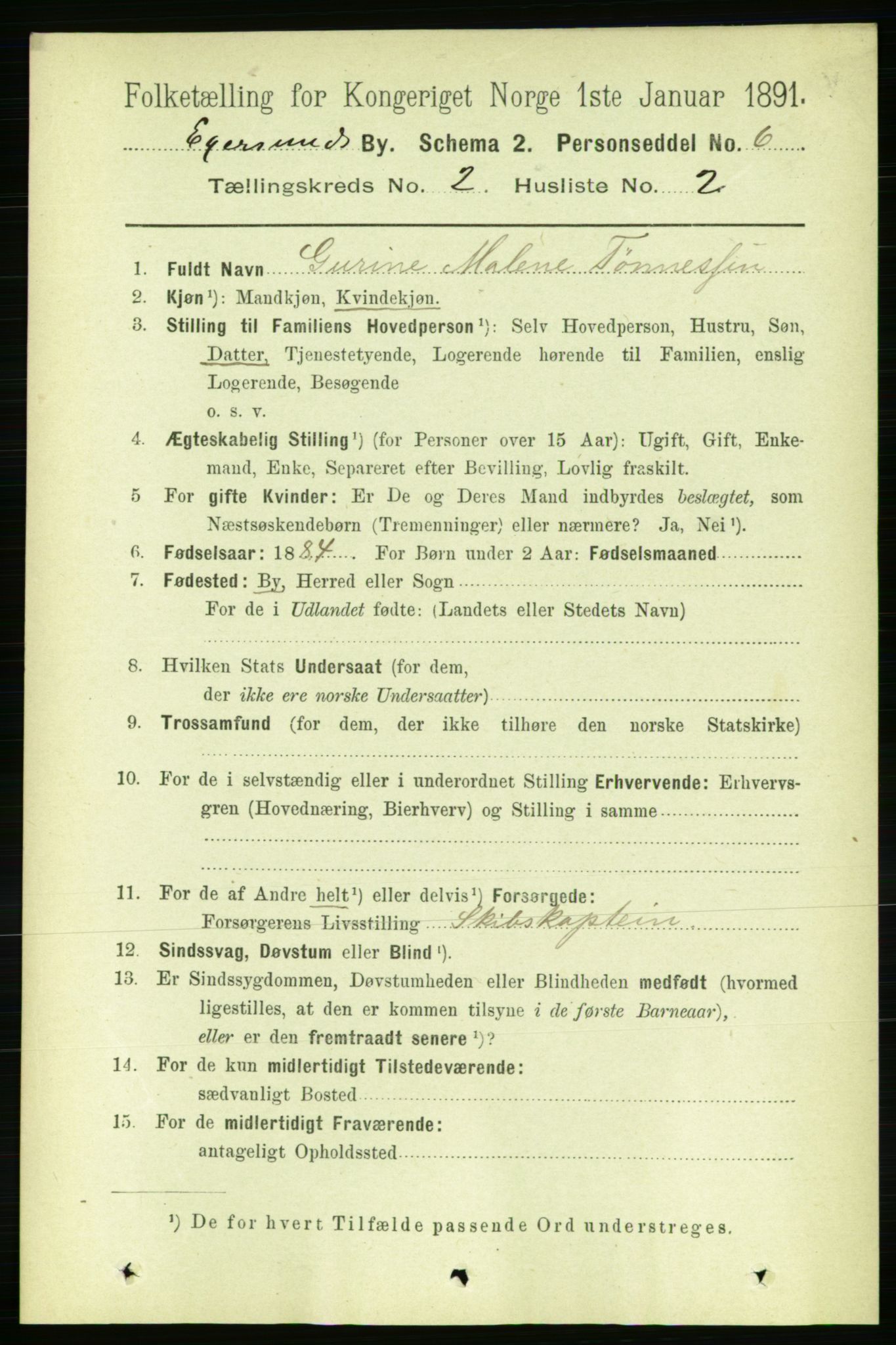 RA, 1891 census for 1101 Egersund, 1891, p. 239