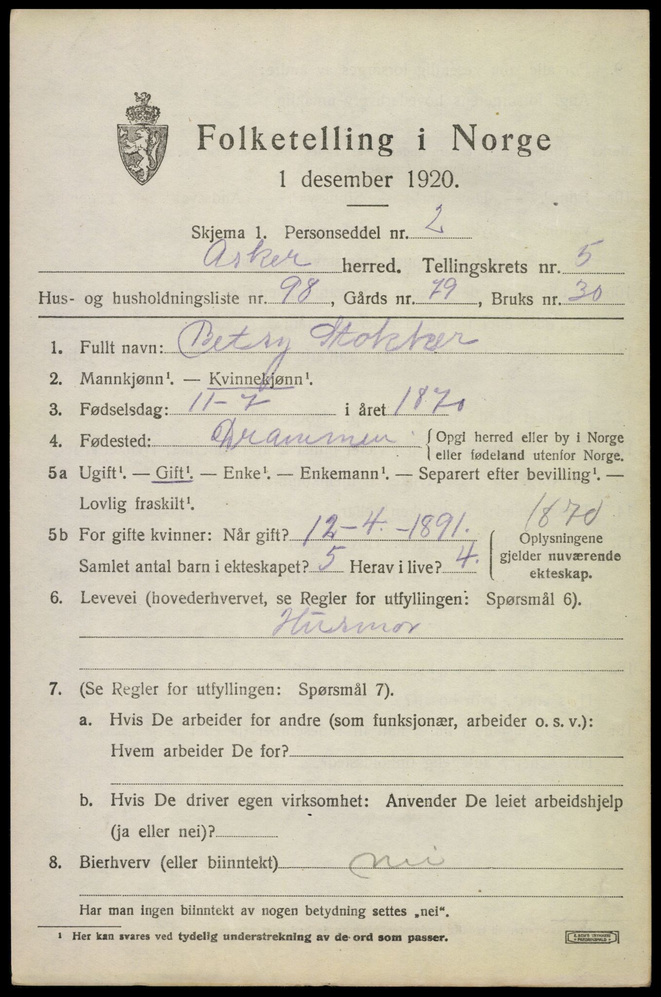 SAO, 1920 census for Asker, 1920, p. 13936