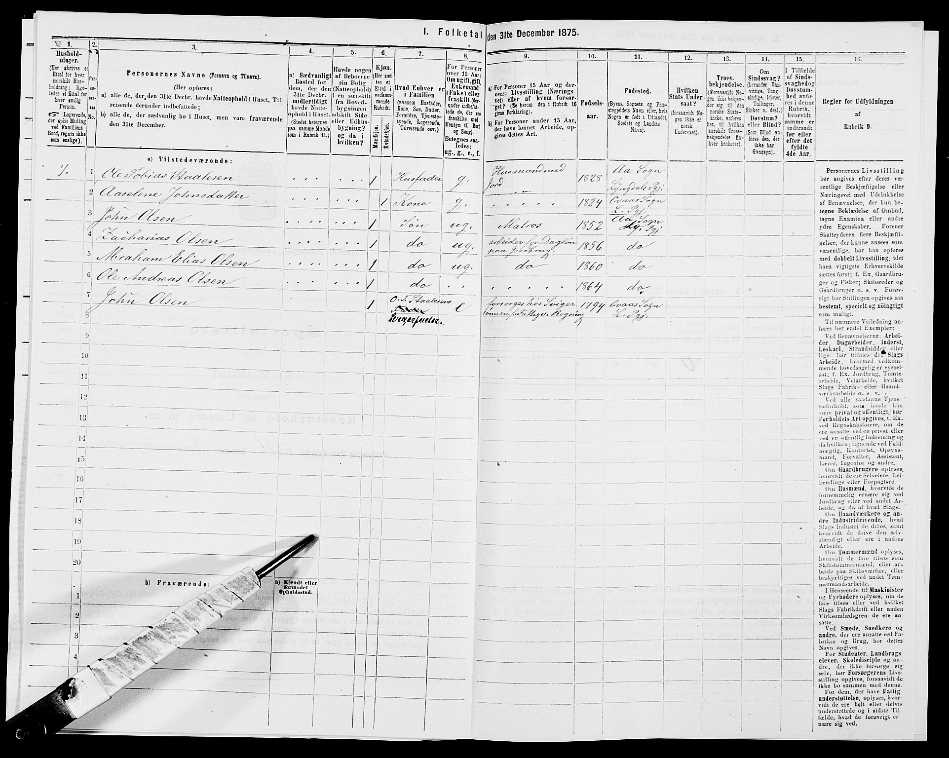 SAK, 1875 census for 1032P Lyngdal, 1875, p. 1856