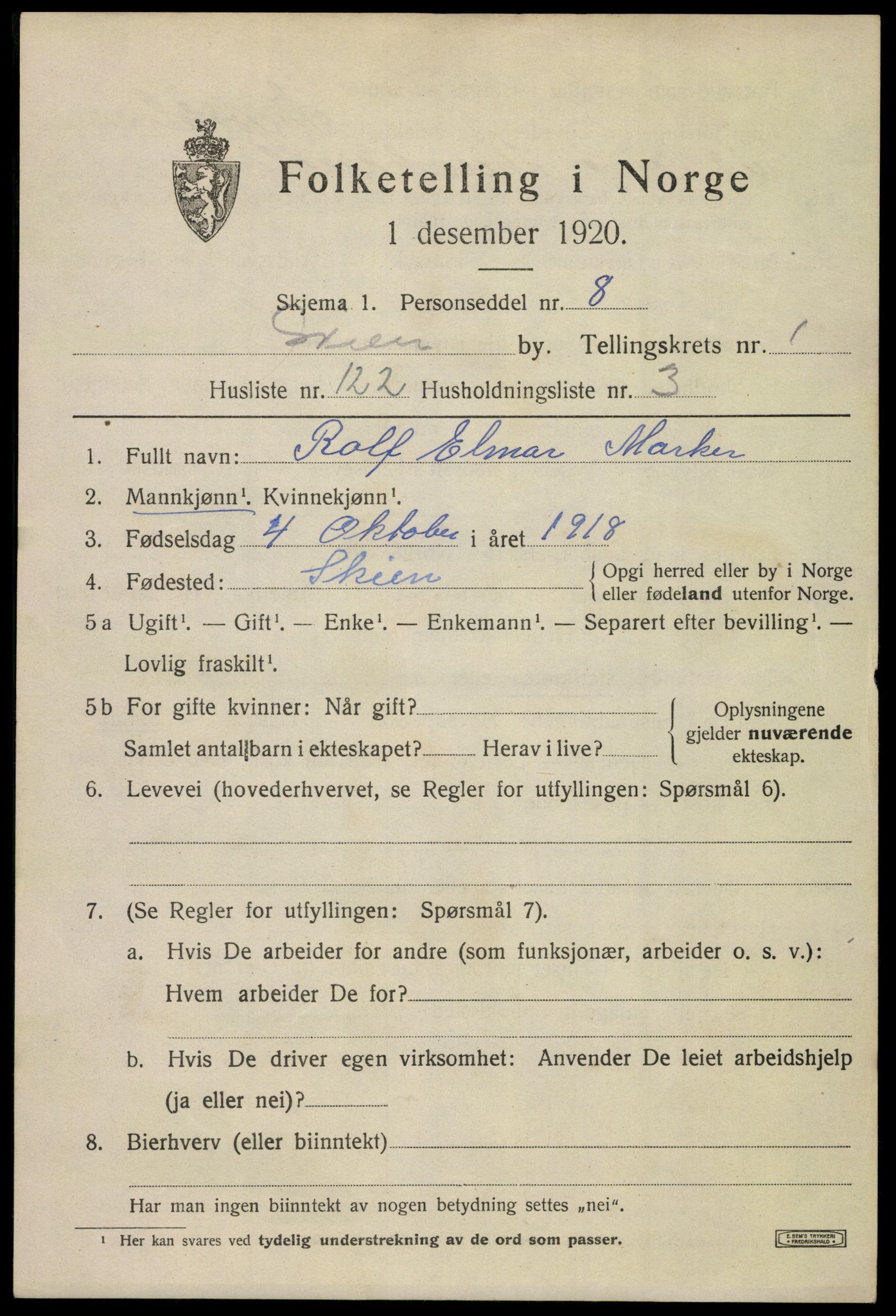 SAKO, 1920 census for Skien, 1920, p. 13526