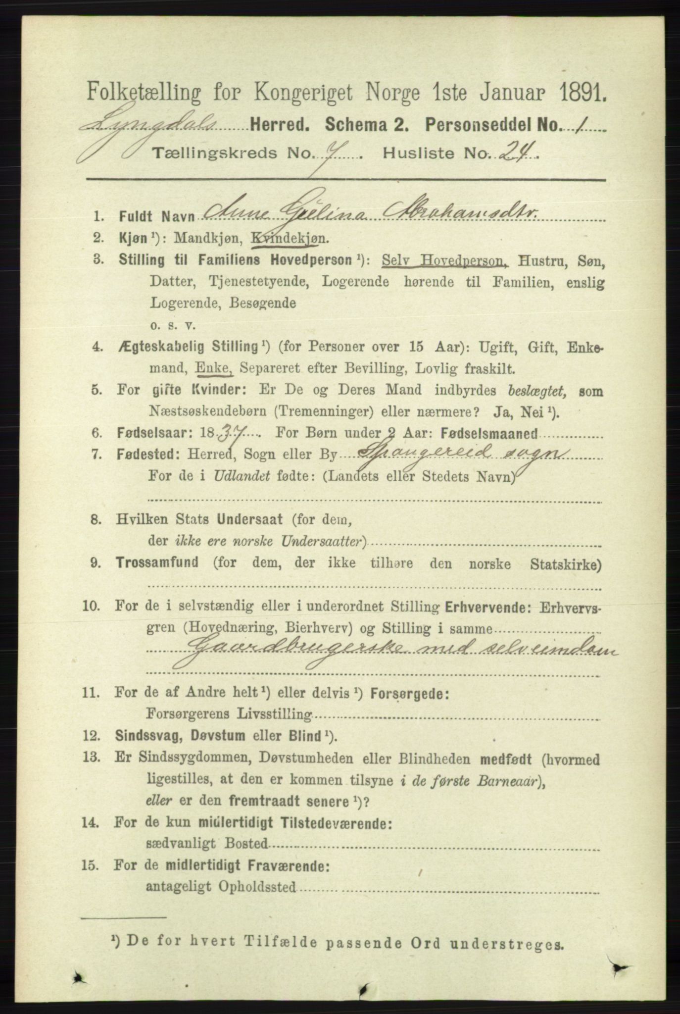 RA, 1891 census for 1032 Lyngdal, 1891, p. 3046