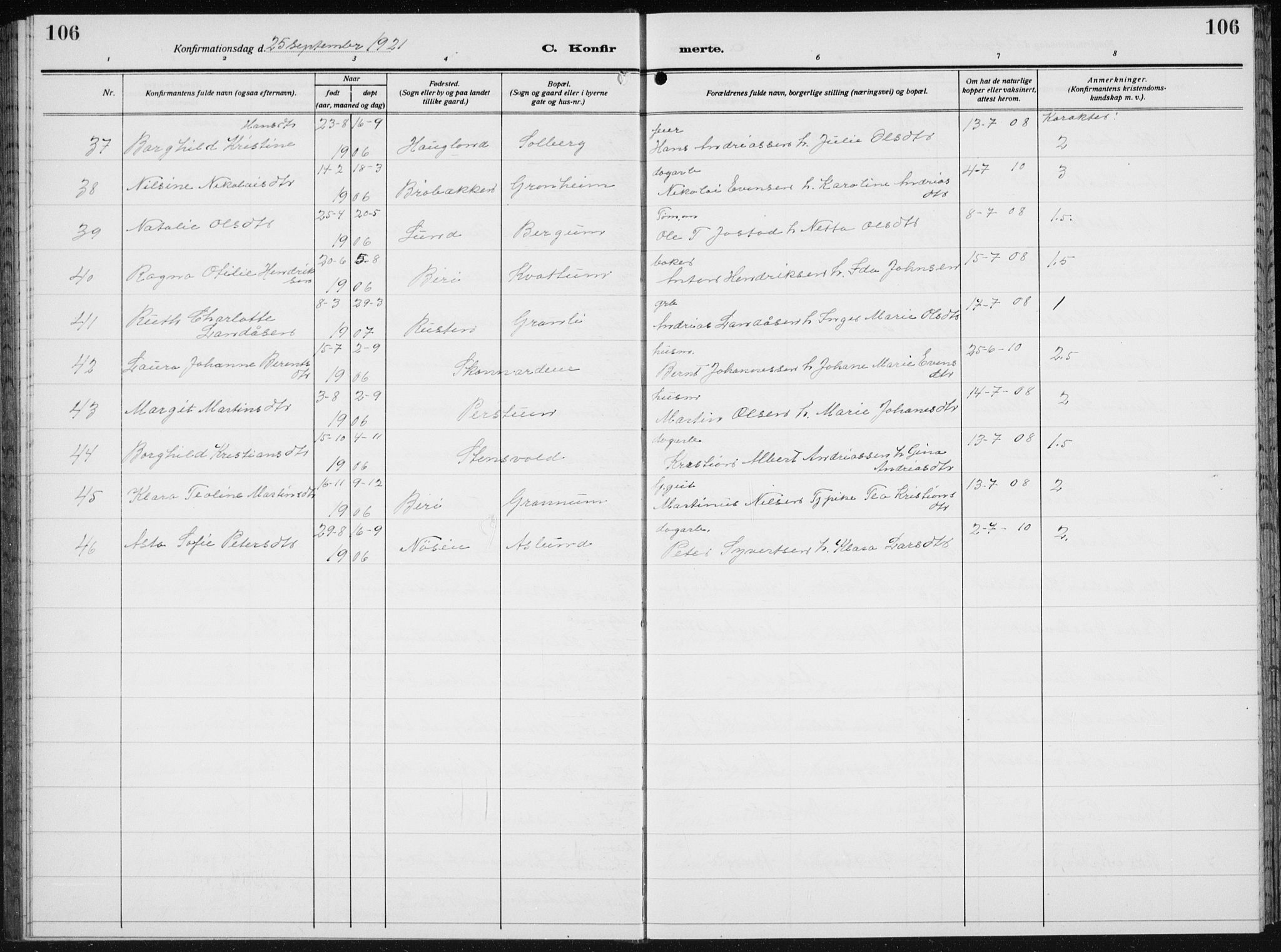 Biri prestekontor, AV/SAH-PREST-096/H/Ha/Hab/L0007: Parish register (copy) no. 7, 1919-1941, p. 106