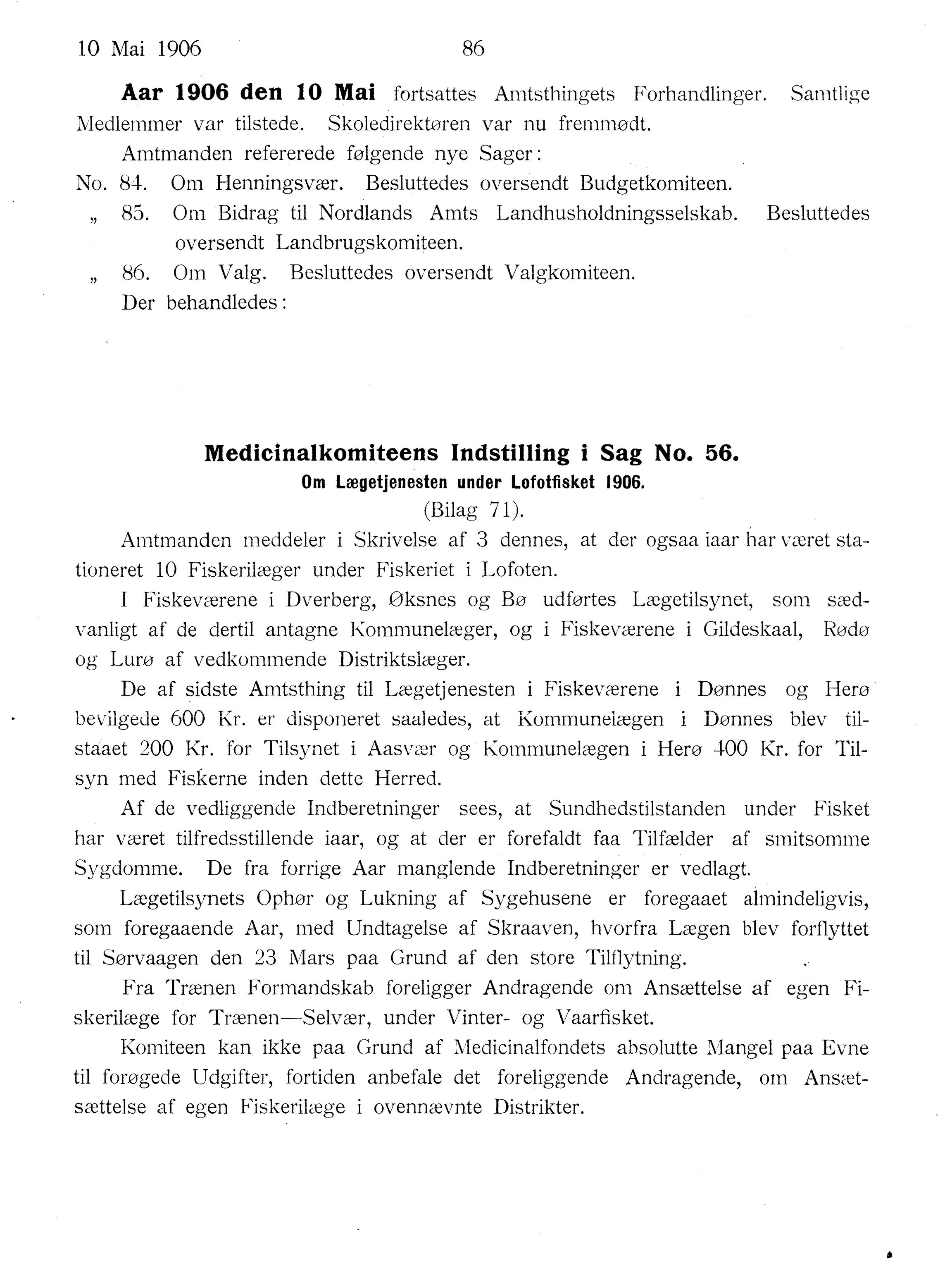 Nordland Fylkeskommune. Fylkestinget, AIN/NFK-17/176/A/Ac/L0029: Fylkestingsforhandlinger 1906, 1906, p. 86