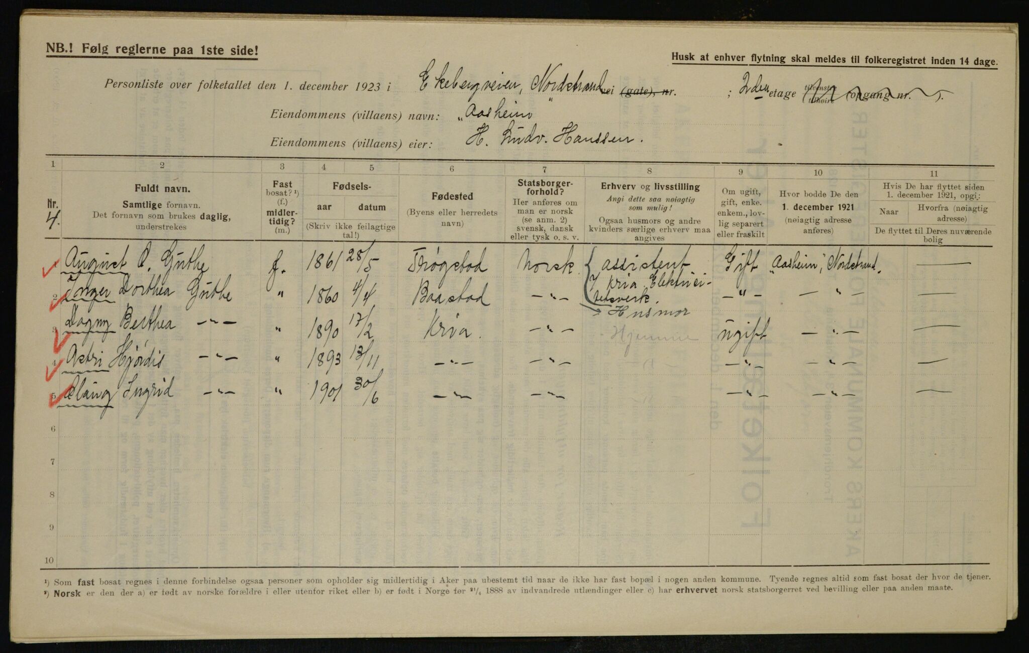 , Municipal Census 1923 for Aker, 1923, p. 37323