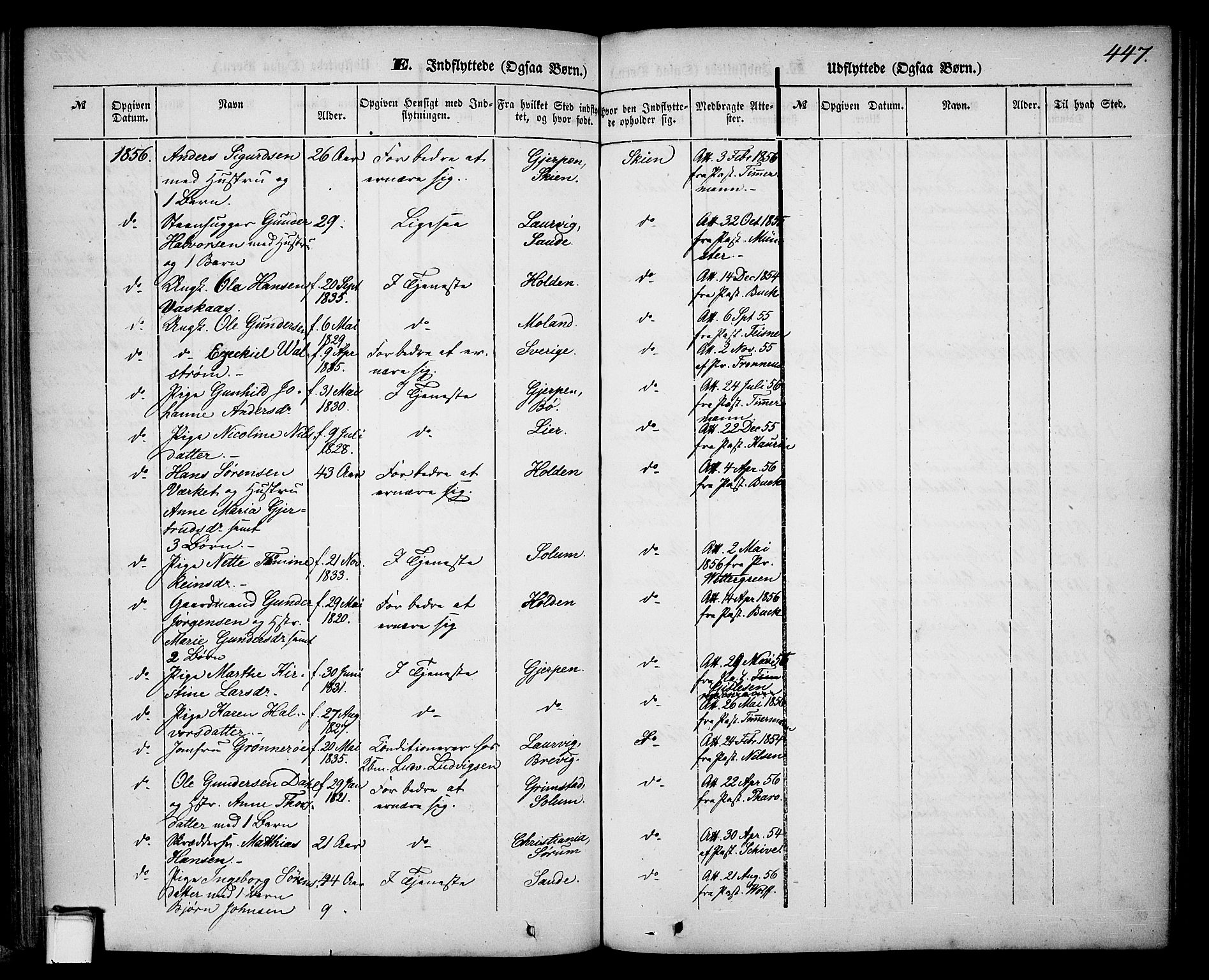 Skien kirkebøker, SAKO/A-302/G/Ga/L0004: Parish register (copy) no. 4, 1843-1867, p. 447