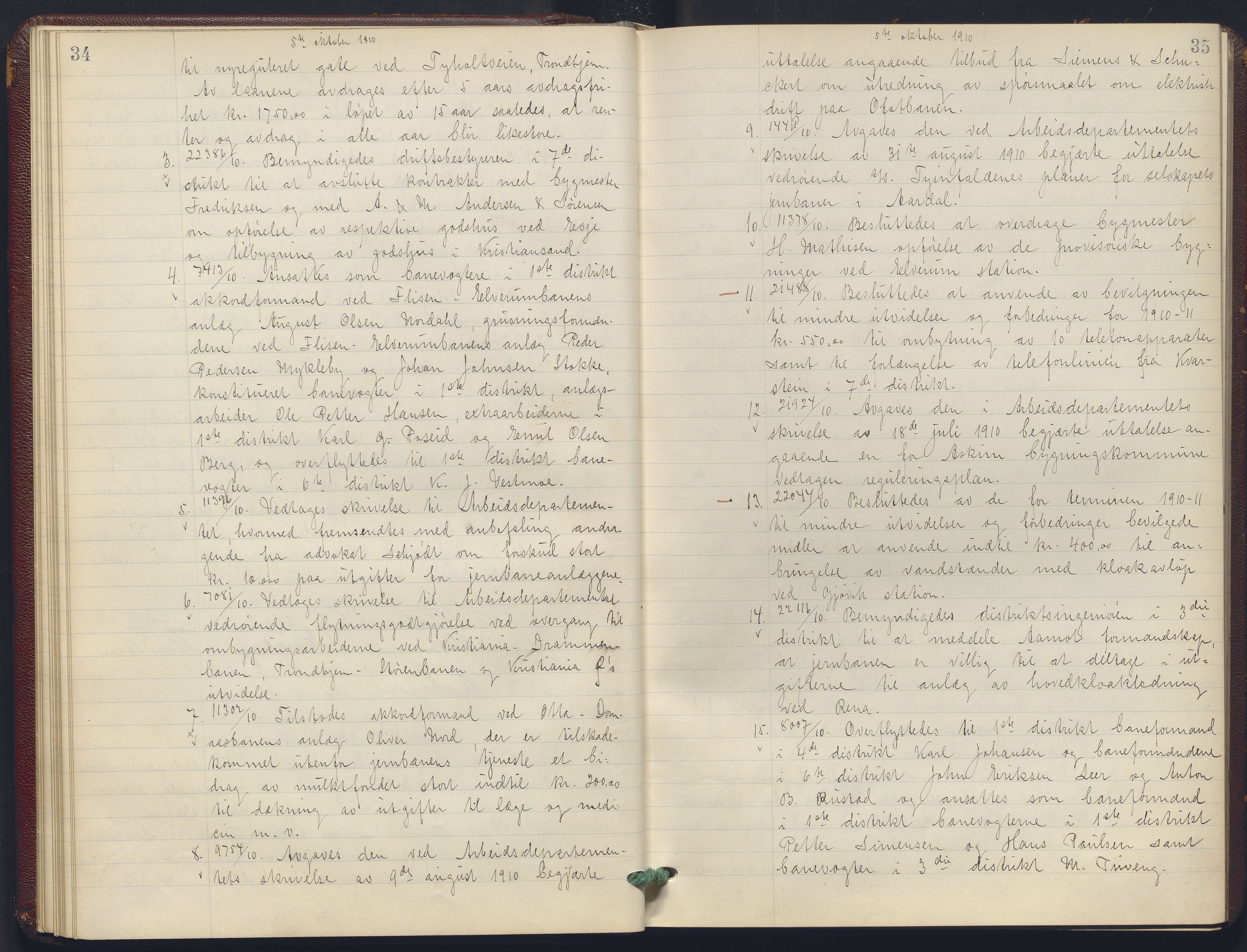 Norges statsbaner, Administrasjons- økonomi- og personalavdelingen, AV/RA-S-3412/A/Aa/L0011: Forhandlingsprotokoll, 1910-1911, p. 34-35