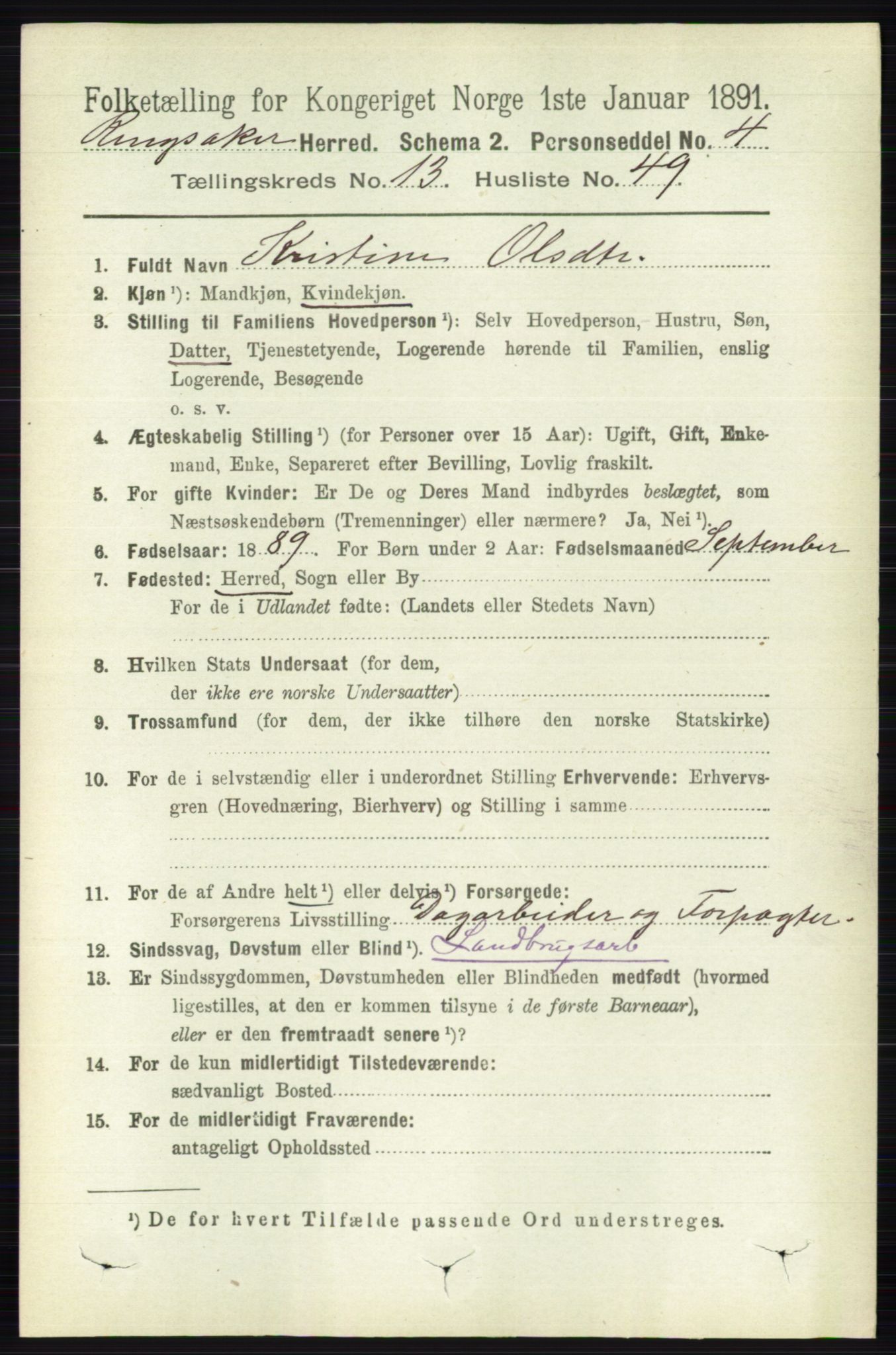 RA, 1891 census for 0412 Ringsaker, 1891, p. 7477