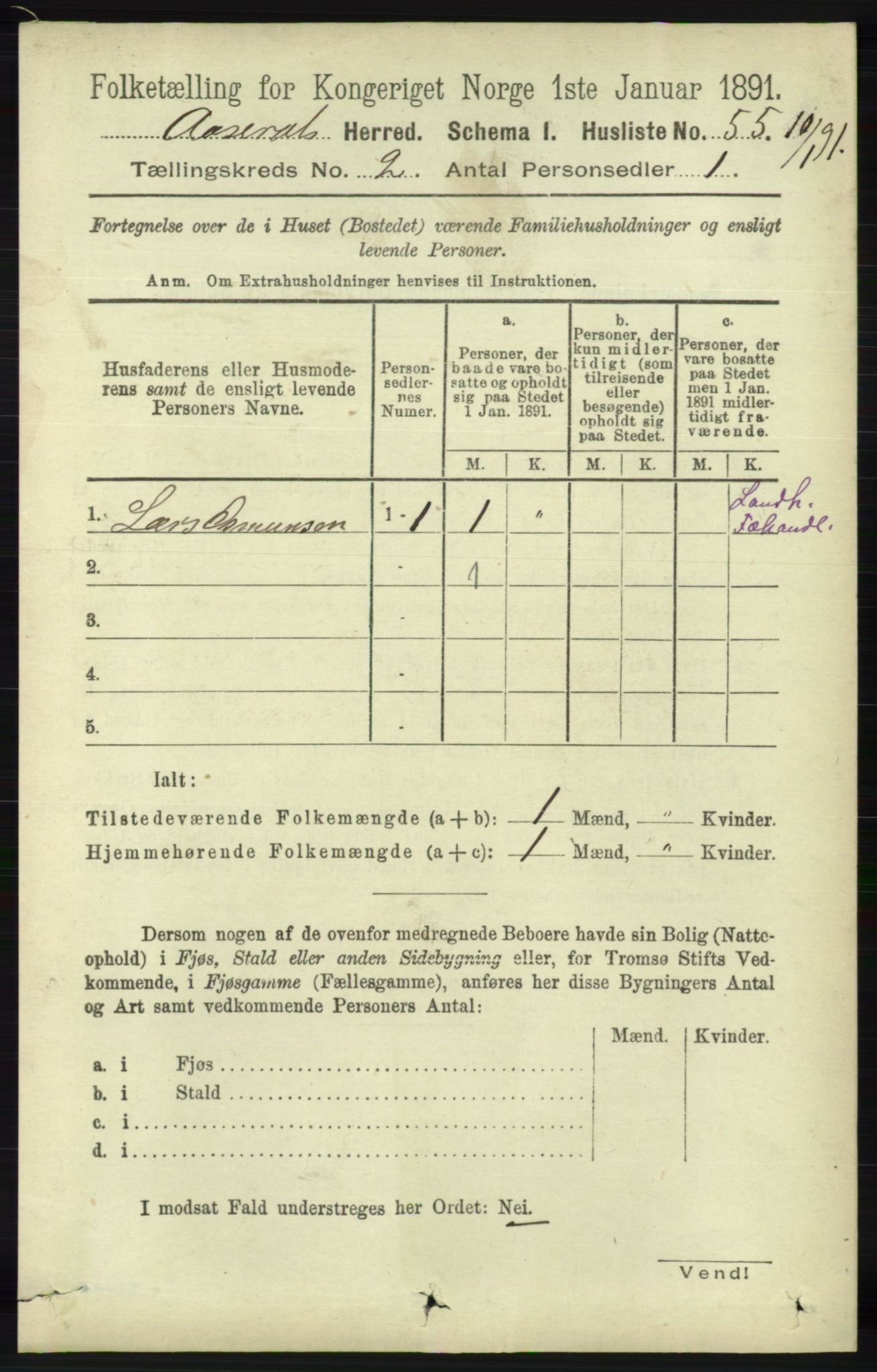 RA, 1891 census for 1026 Åseral, 1891, p. 385