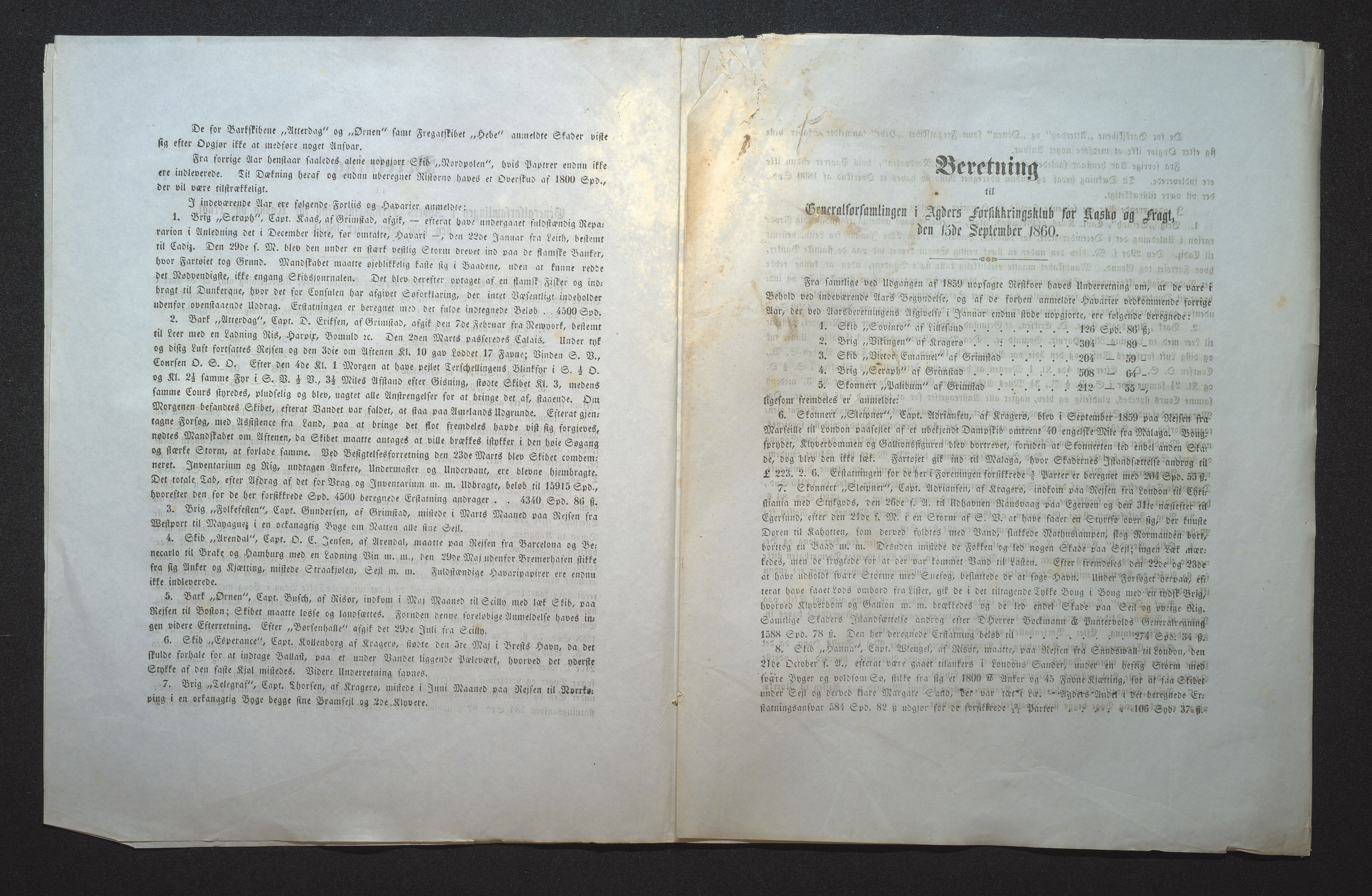 Agders Gjensidige Assuranceforening, AAKS/PA-1718/05/L0001: Regnskap, seilavdeling, pakkesak, 1855-1880