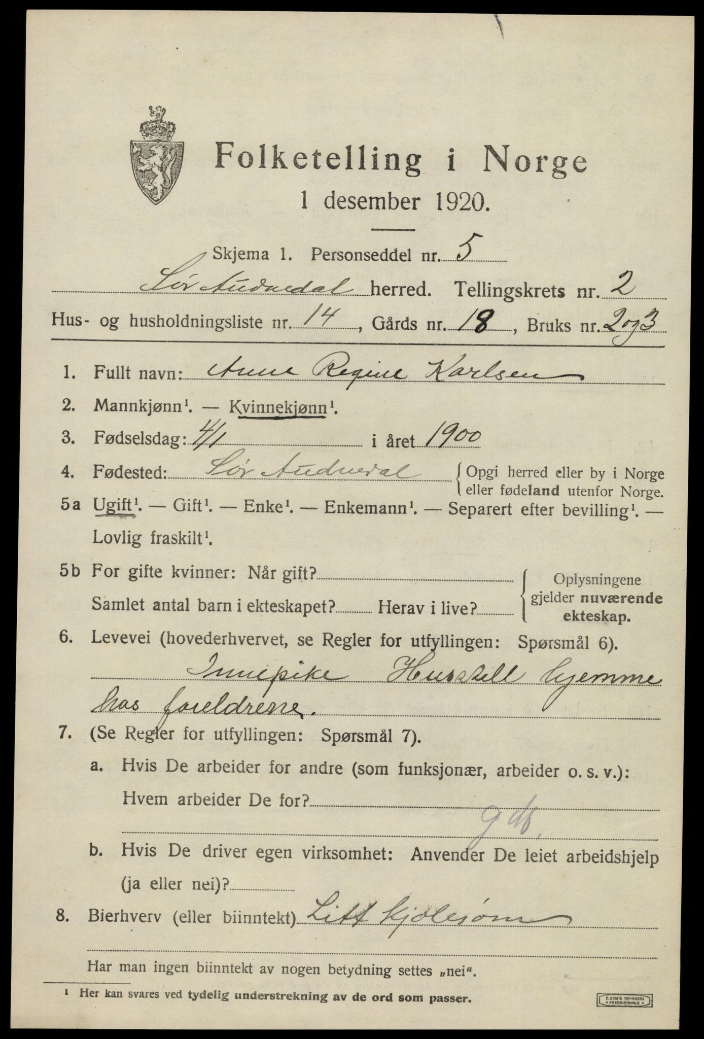 SAK, 1920 census for Sør-Audnedal, 1920, p. 1689