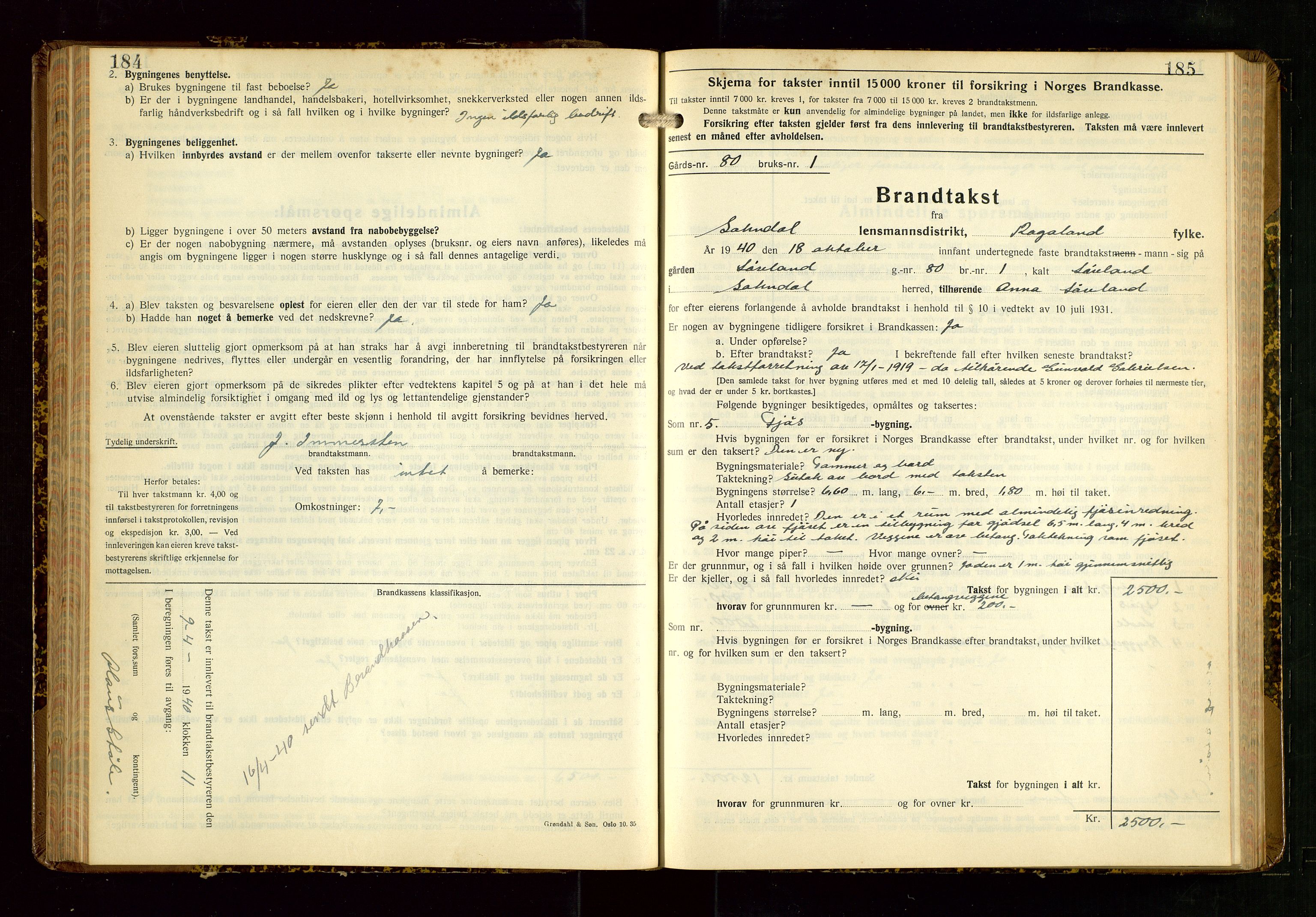 Sokndal lensmannskontor, AV/SAST-A-100417/Gob/L0008: "Brandtakst-Protokoll", 1937-1955, p. 184-185