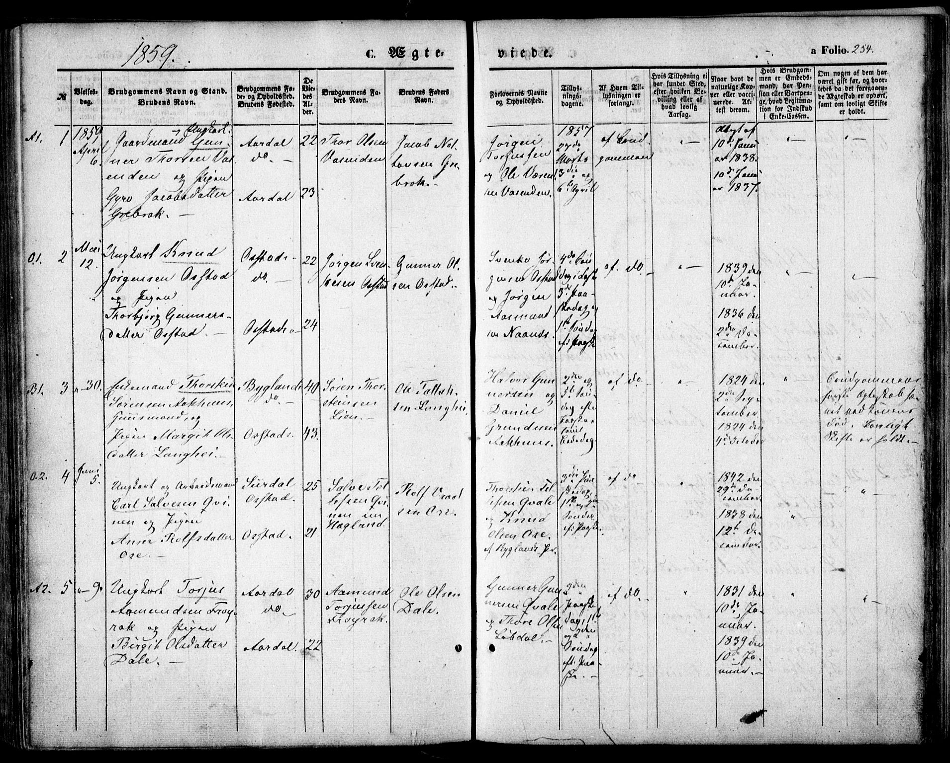 Bygland sokneprestkontor, SAK/1111-0006/F/Fa/Fab/L0005: Parish register (official) no. A 5, 1859-1873, p. 254