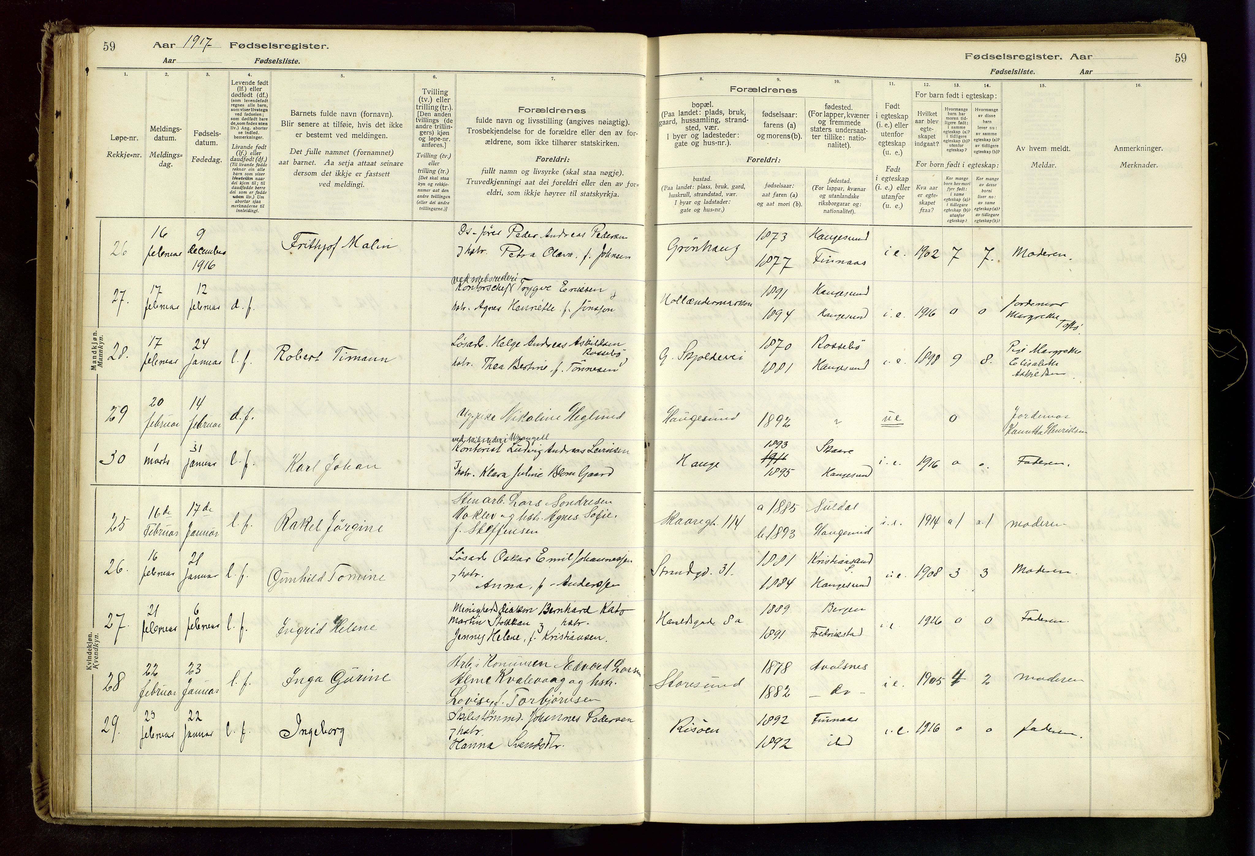 Haugesund sokneprestkontor, AV/SAST-A -101863/I/Id/L0003: Birth register no. 1, 1916-1919, p. 59