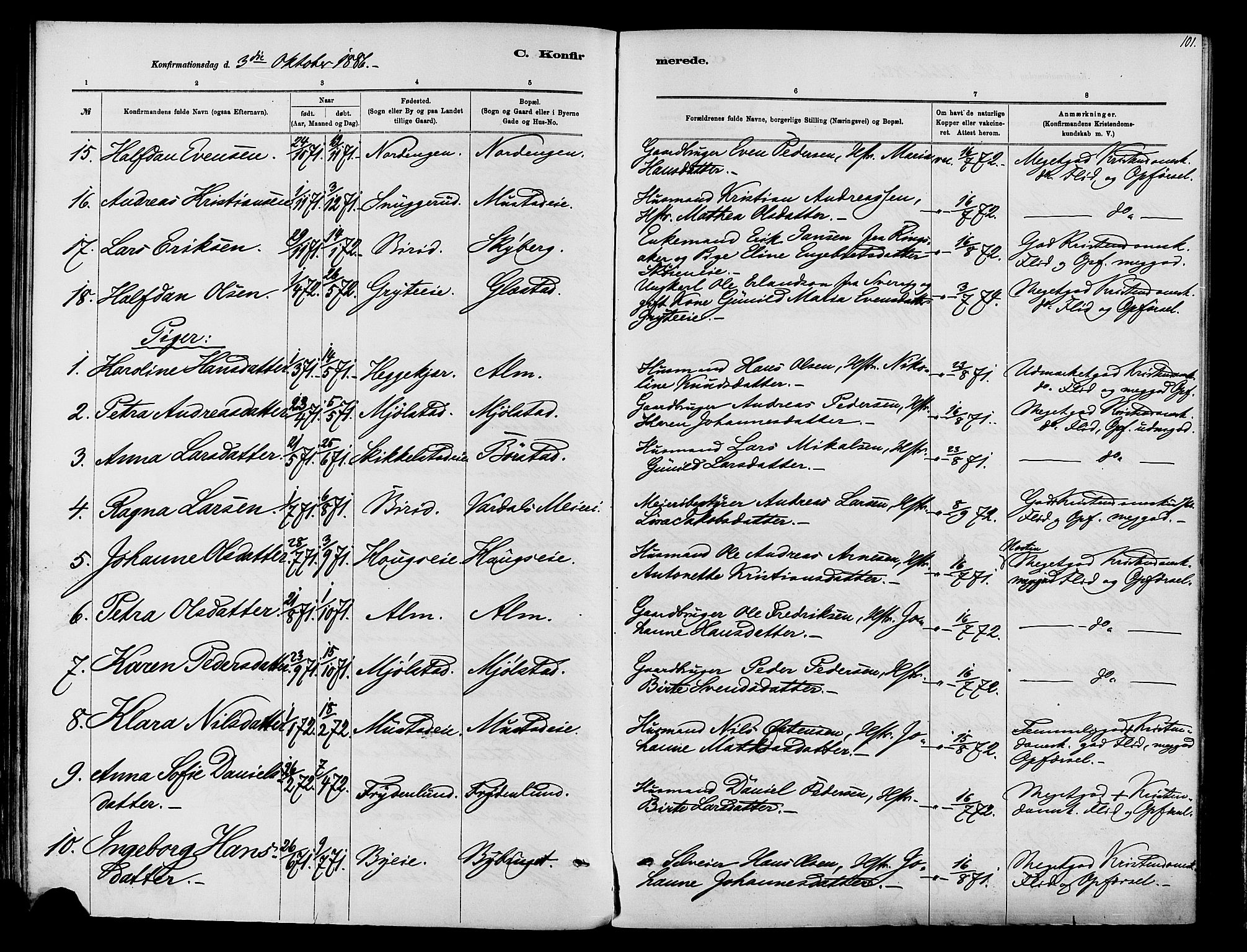 Vardal prestekontor, SAH/PREST-100/H/Ha/Haa/L0010: Parish register (official) no. 10, 1878-1893, p. 101