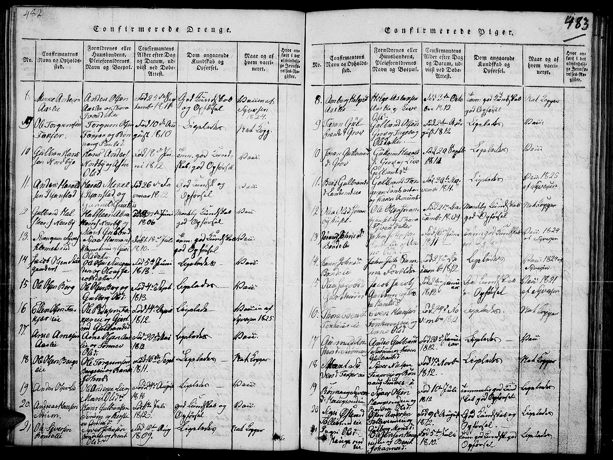 Sør-Aurdal prestekontor, SAH/PREST-128/H/Ha/Hab/L0002: Parish register (copy) no. 2, 1826-1840, p. 482-483