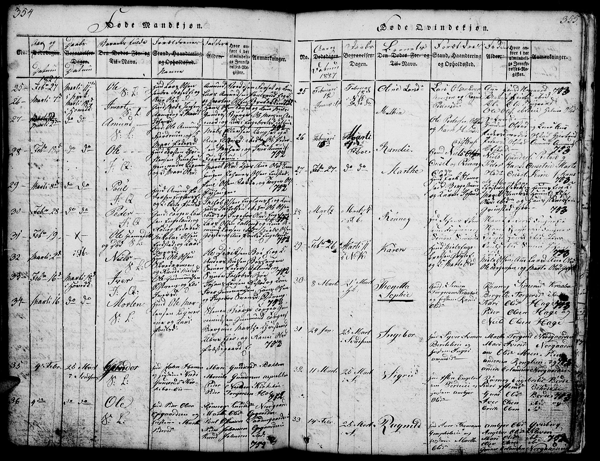 Gausdal prestekontor, AV/SAH-PREST-090/H/Ha/Hab/L0001: Parish register (copy) no. 1, 1817-1848, p. 354-355