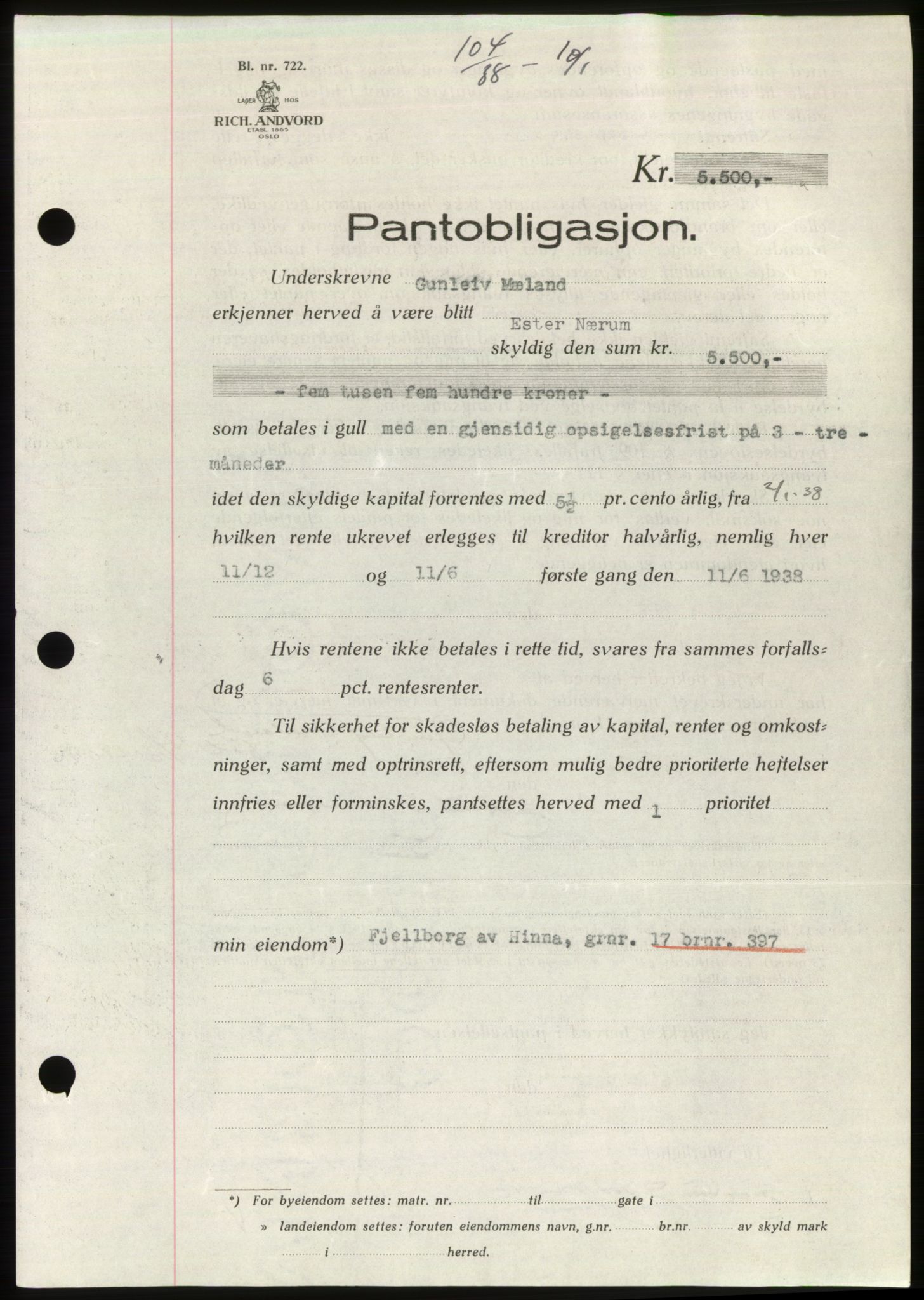 Jæren sorenskriveri, SAST/A-100310/03/G/Gba/L0070: Mortgage book, 1938-1938, Diary no: : 104/1938