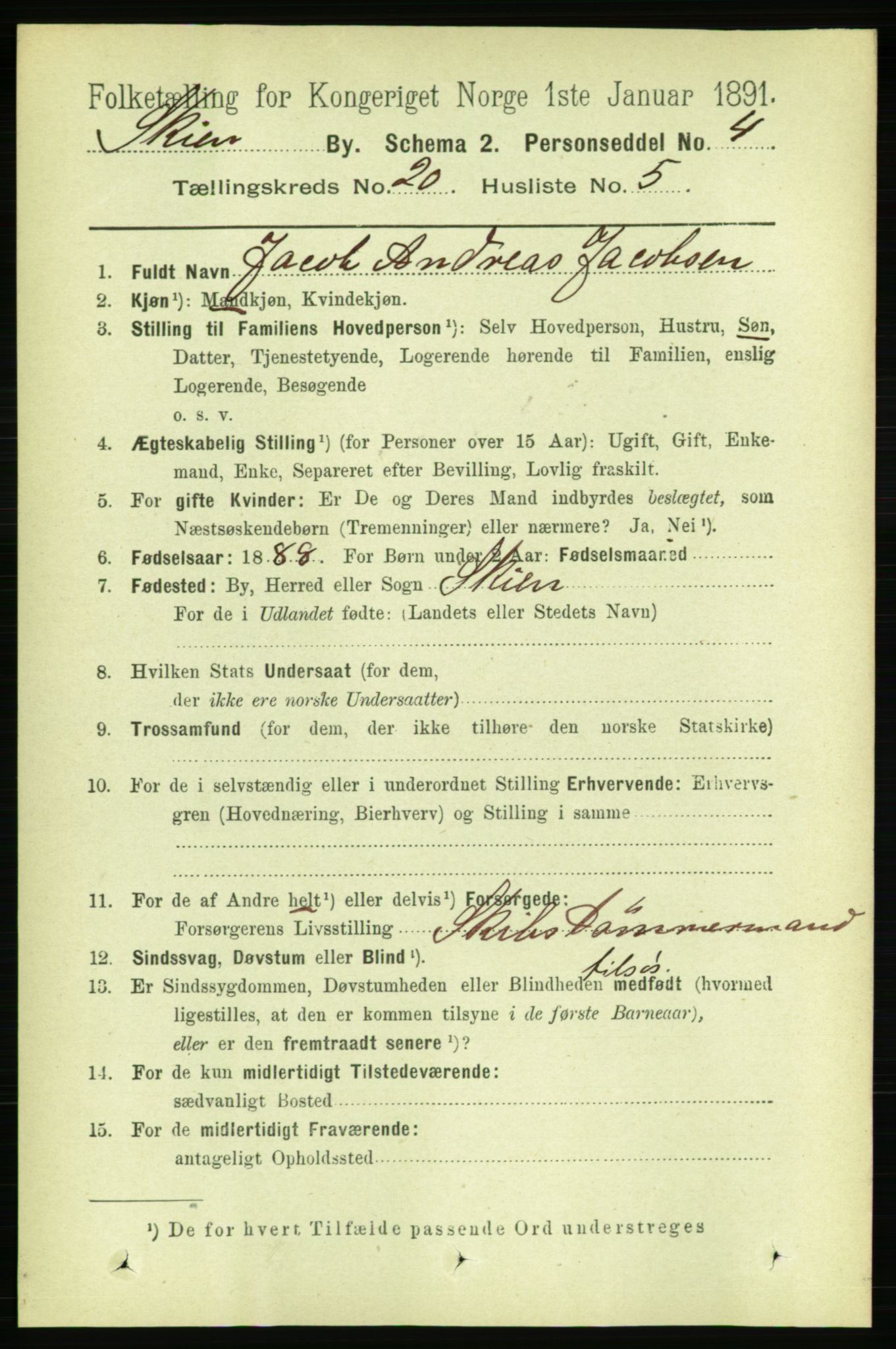 RA, 1891 census for 0806 Skien, 1891, p. 5163