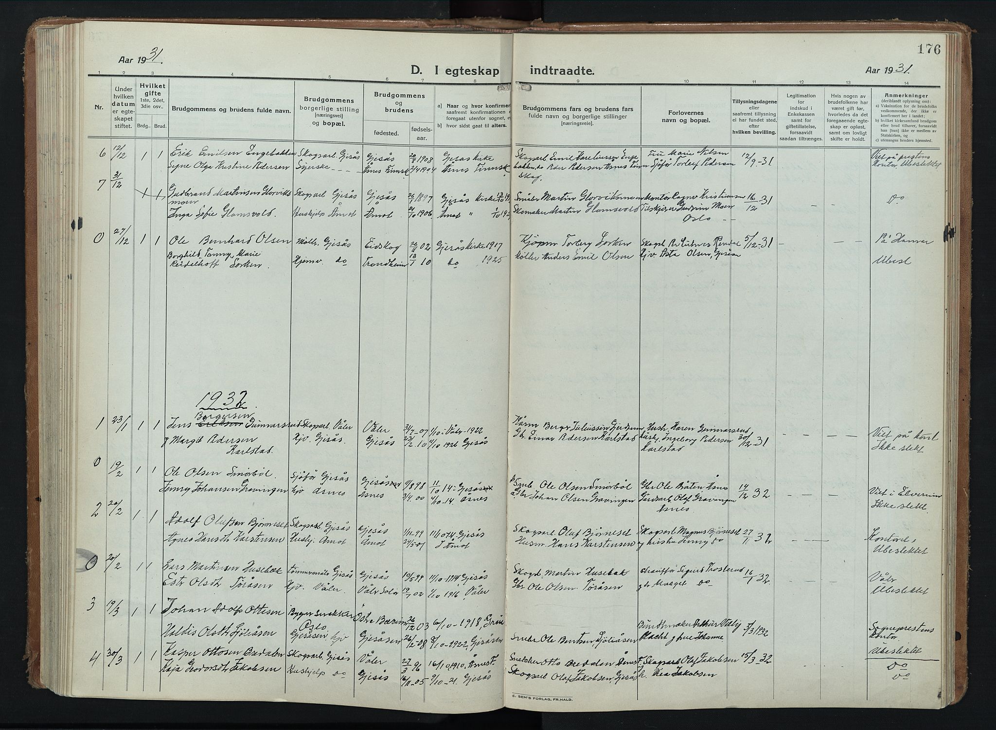 Åsnes prestekontor, AV/SAH-PREST-042/H/Ha/Hab/L0012: Parish register (copy) no. 12, 1921-1942, p. 176