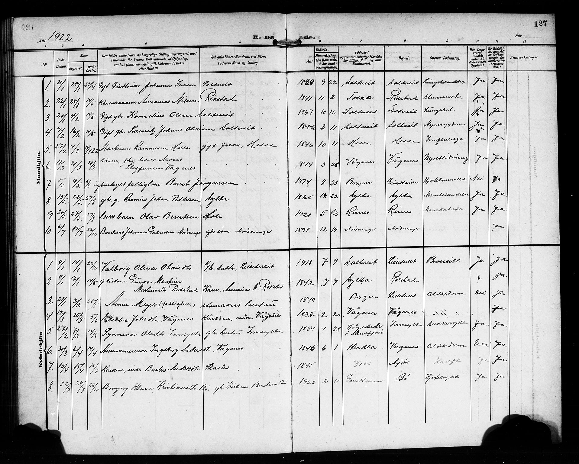 Manger sokneprestembete, AV/SAB-A-76801/H/Hab: Parish register (copy) no. B 4, 1907-1922, p. 127