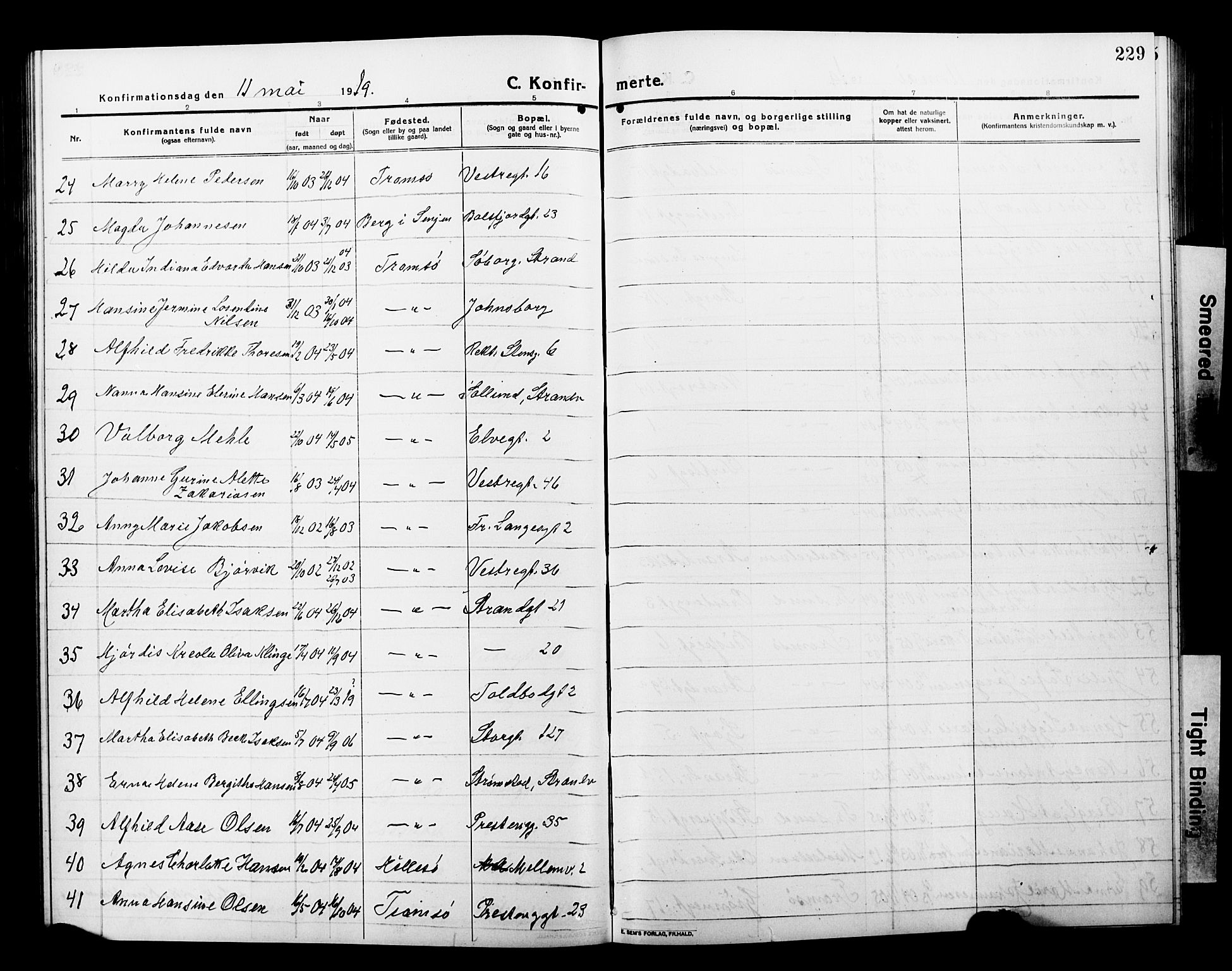 Tromsø sokneprestkontor/stiftsprosti/domprosti, AV/SATØ-S-1343/G/Gb/L0009klokker: Parish register (copy) no. 9, 1915-1925, p. 229