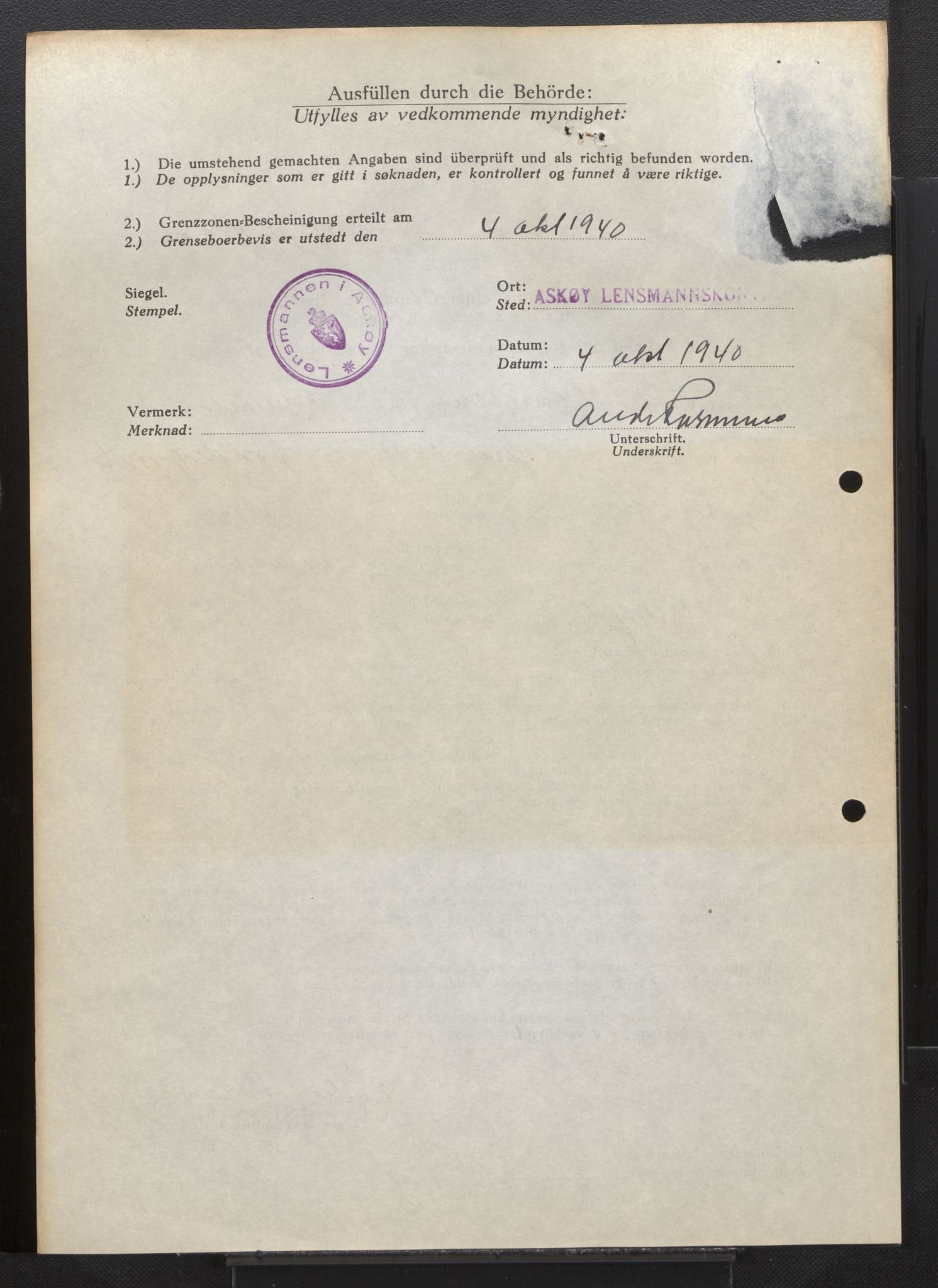 Lensmannen i Askøy, AV/SAB-A-31001/0026/L0005: Søknader om grensebuarbevis 851 - 1275, 1940, p. 66
