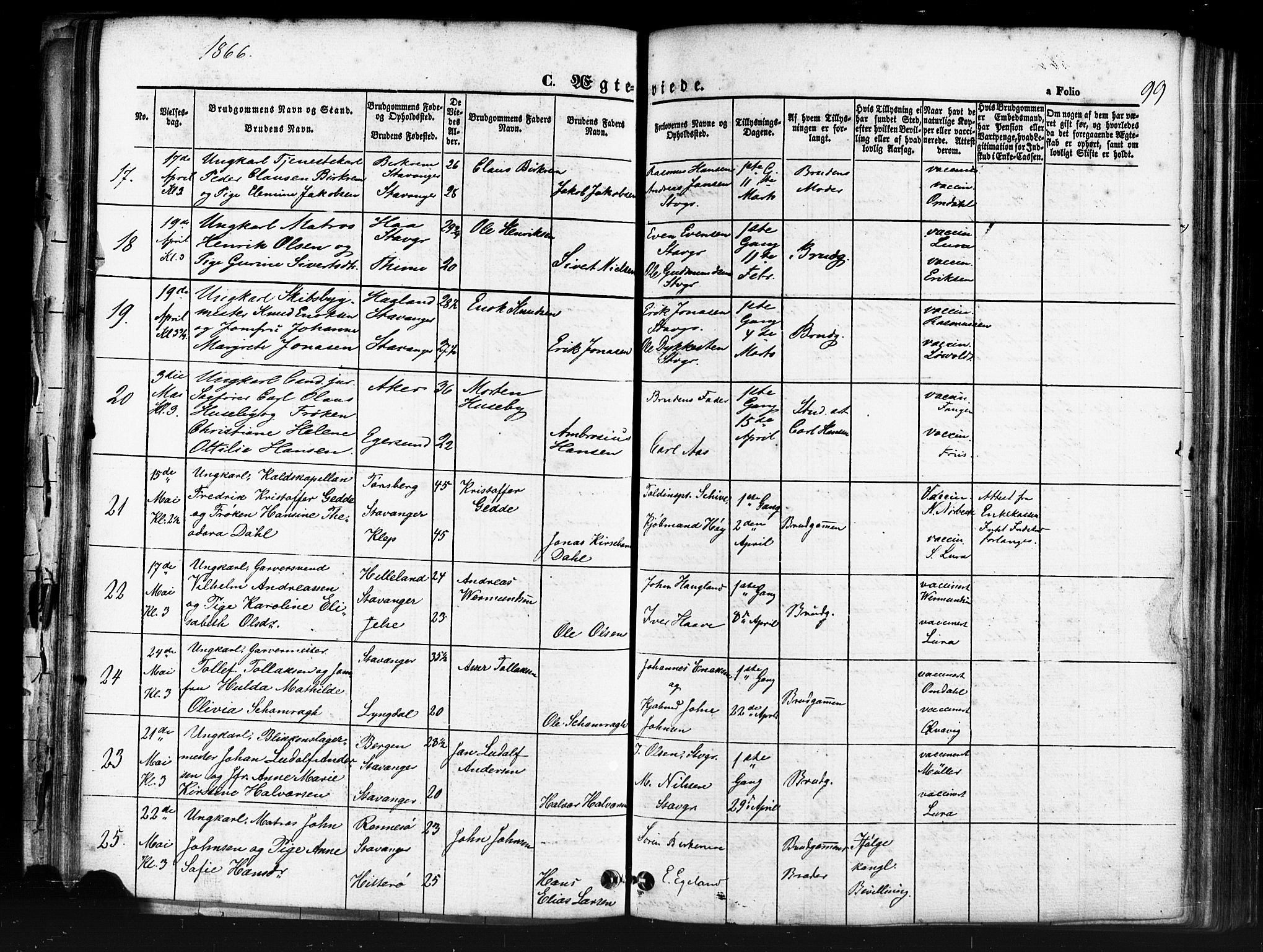 Domkirken sokneprestkontor, AV/SAST-A-101812/001/30/30BB/L0011: Parish register (copy) no. B 11, 1858-1876, p. 99