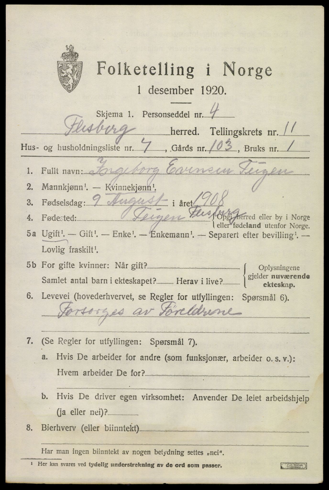 SAKO, 1920 census for Flesberg, 1920, p. 3777