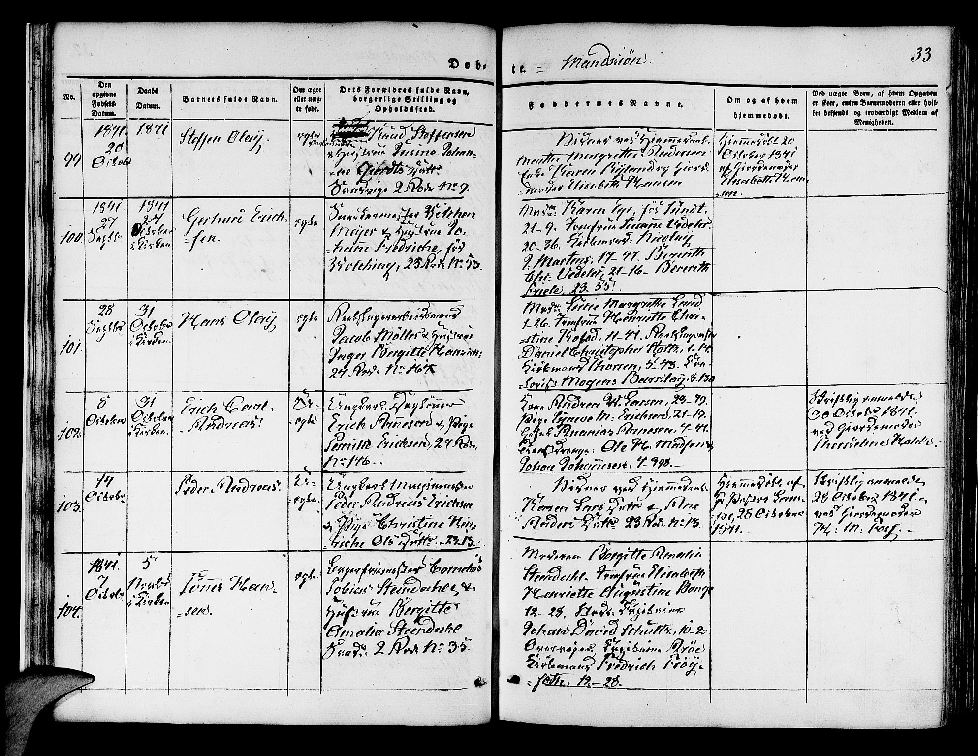 Korskirken sokneprestembete, AV/SAB-A-76101/H/Hab: Parish register (copy) no. B 1, 1839-1847, p. 33