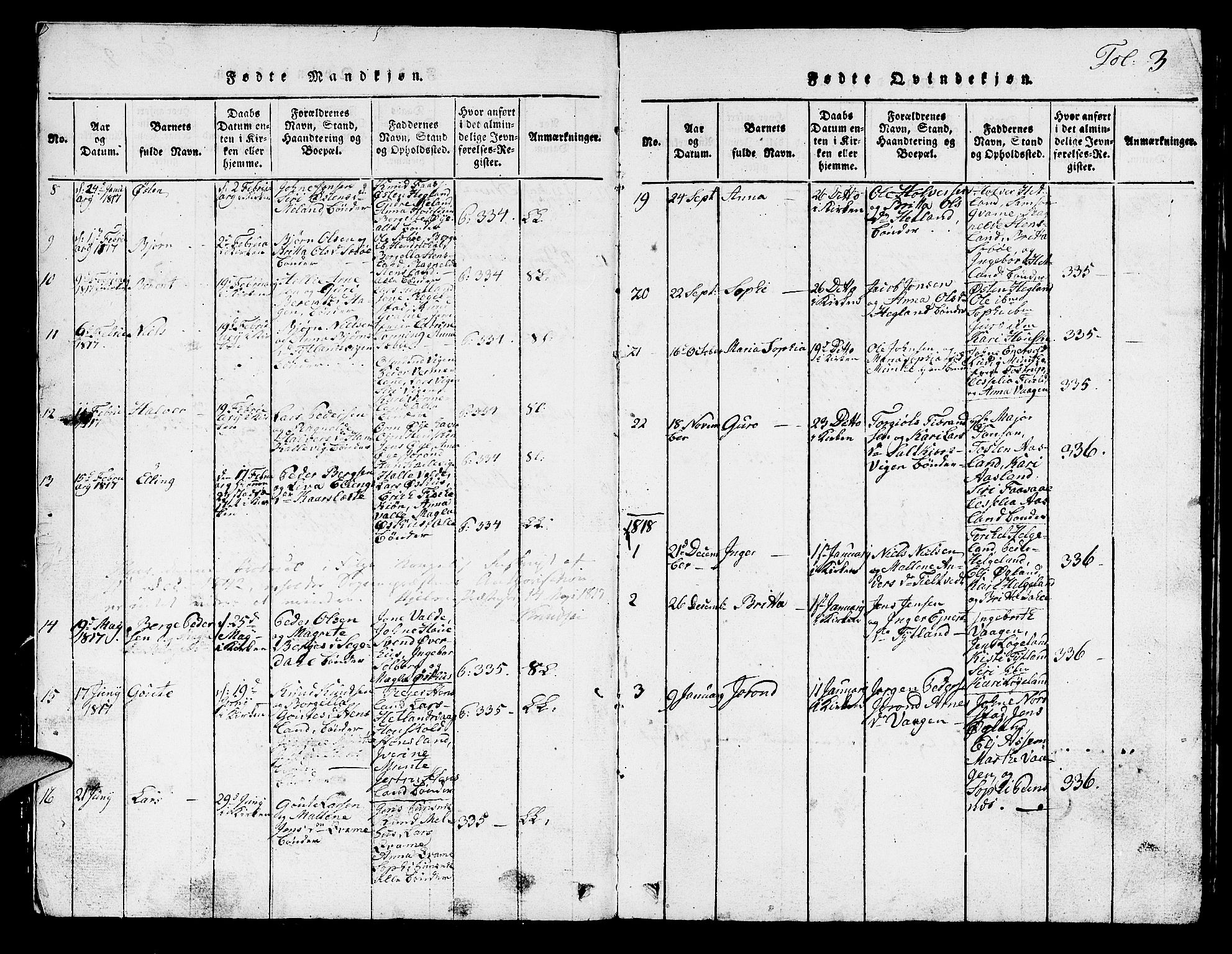 Hjelmeland sokneprestkontor, SAST/A-101843/01/V/L0001: Parish register (copy) no. B 1, 1816-1841, p. 3