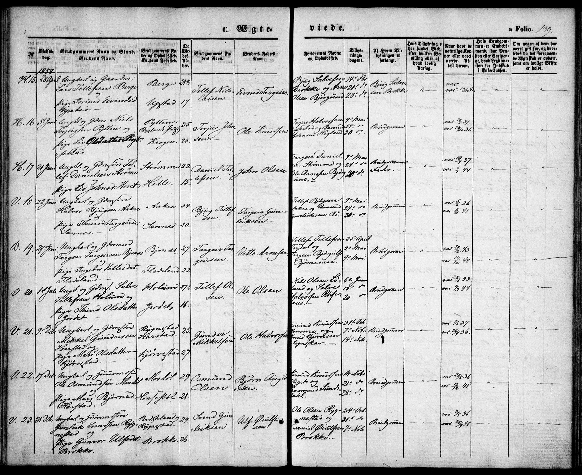 Valle sokneprestkontor, SAK/1111-0044/F/Fa/Fac/L0007: Parish register (official) no. A 7, 1854-1868, p. 139