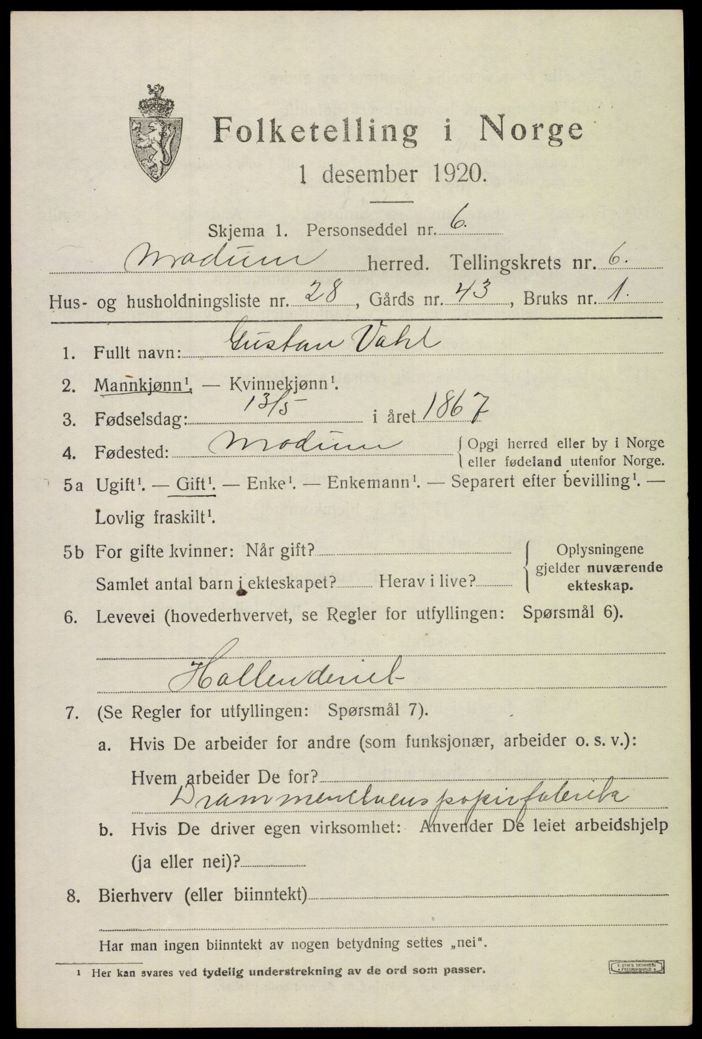 SAKO, 1920 census for Modum, 1920, p. 9031