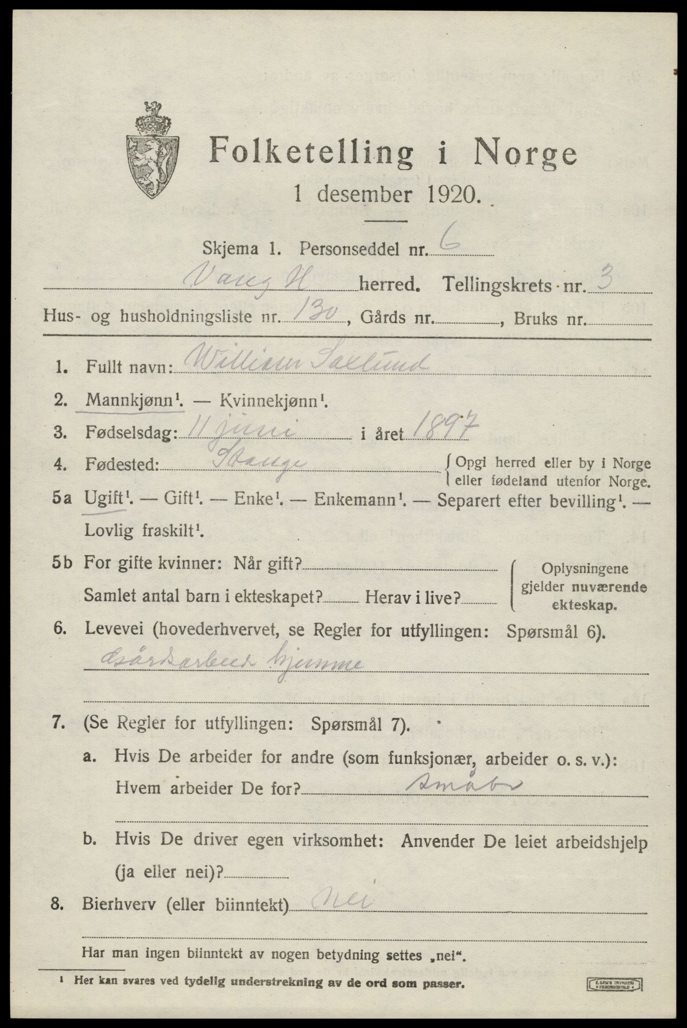 SAH, 1920 census for Vang (Hedmark), 1920, p. 11059