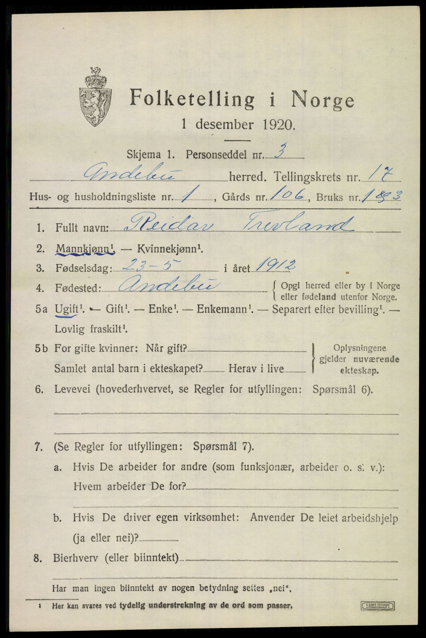 SAKO, 1920 census for Andebu, 1920, p. 5722