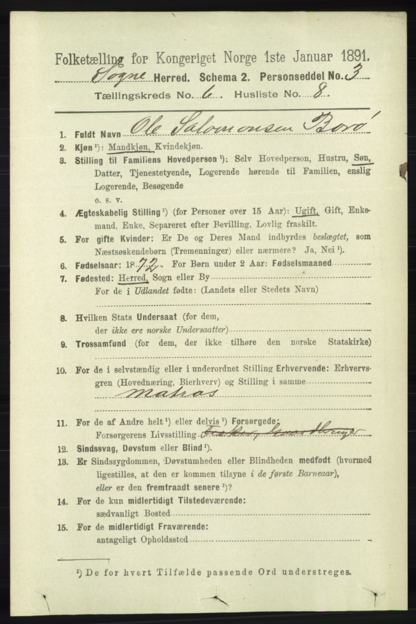RA, 1891 census for 1018 Søgne, 1891, p. 1412