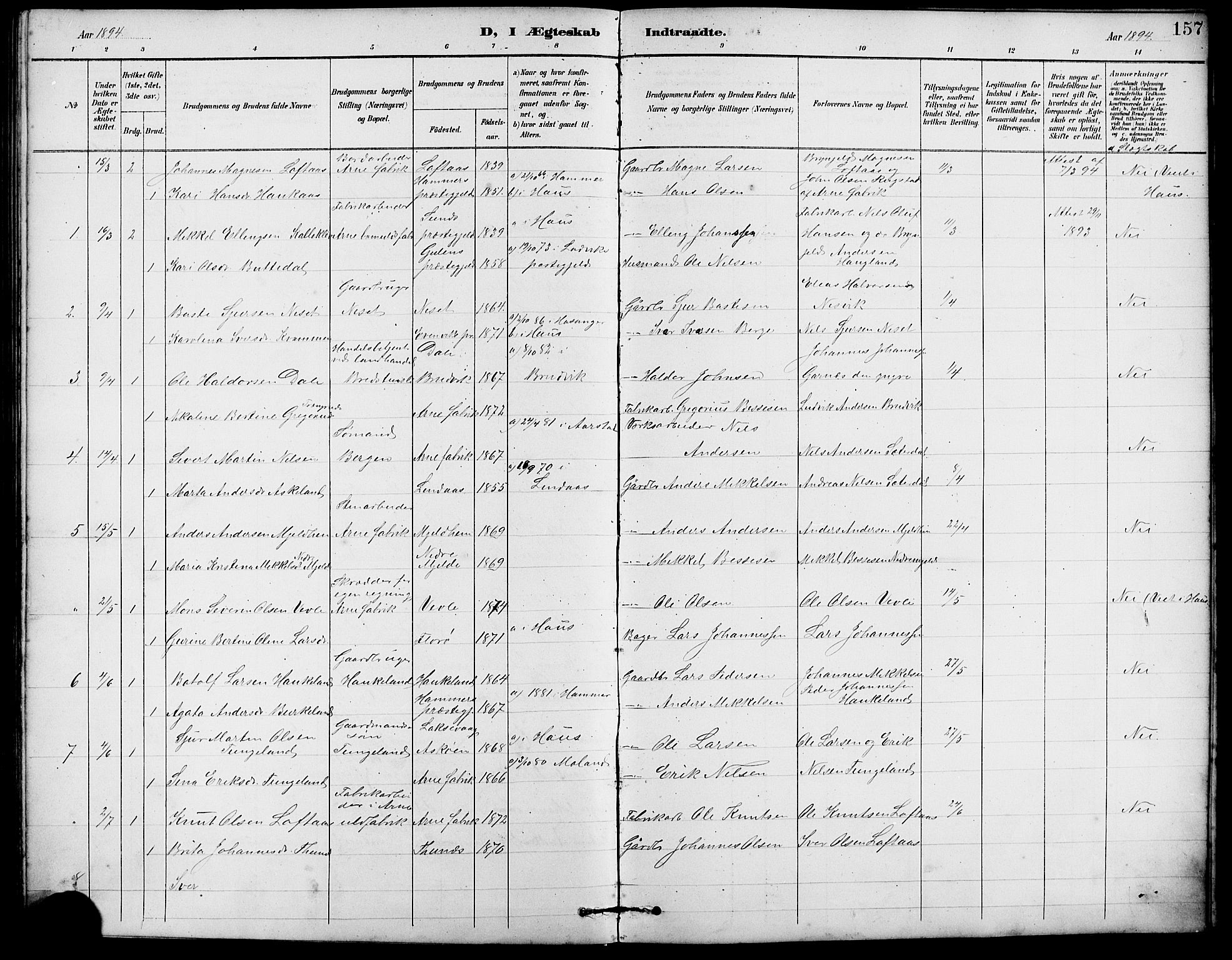 Arna Sokneprestembete, SAB/A-74001/H/Ha/Hab: Parish register (copy) no. A 3, 1887-1897, p. 157
