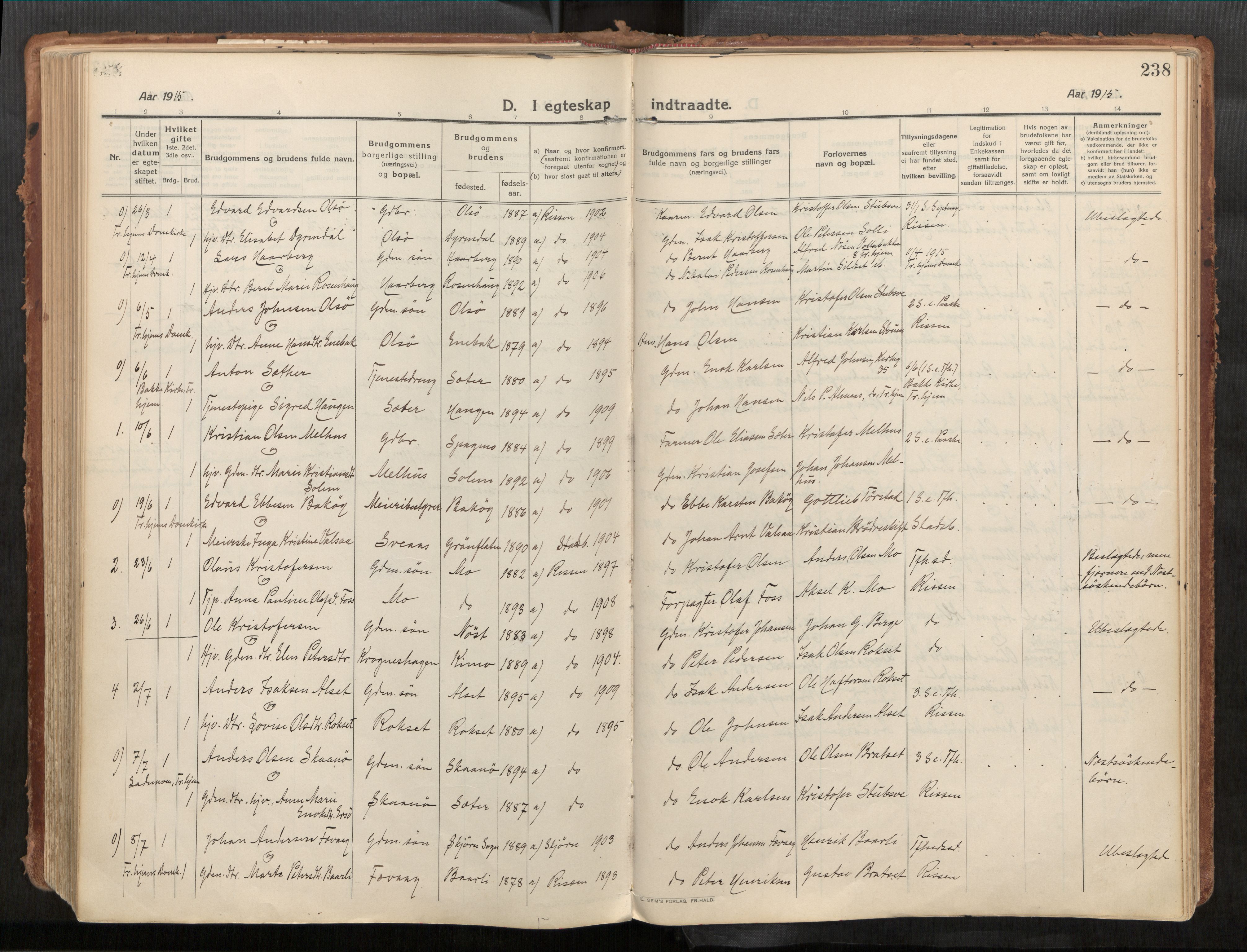 Stadsbygd sokneprestkontor, AV/SAT-A-1117/1/I/I1/I1a/L0001: Parish register (official) no. 1, 1911-1929, p. 238