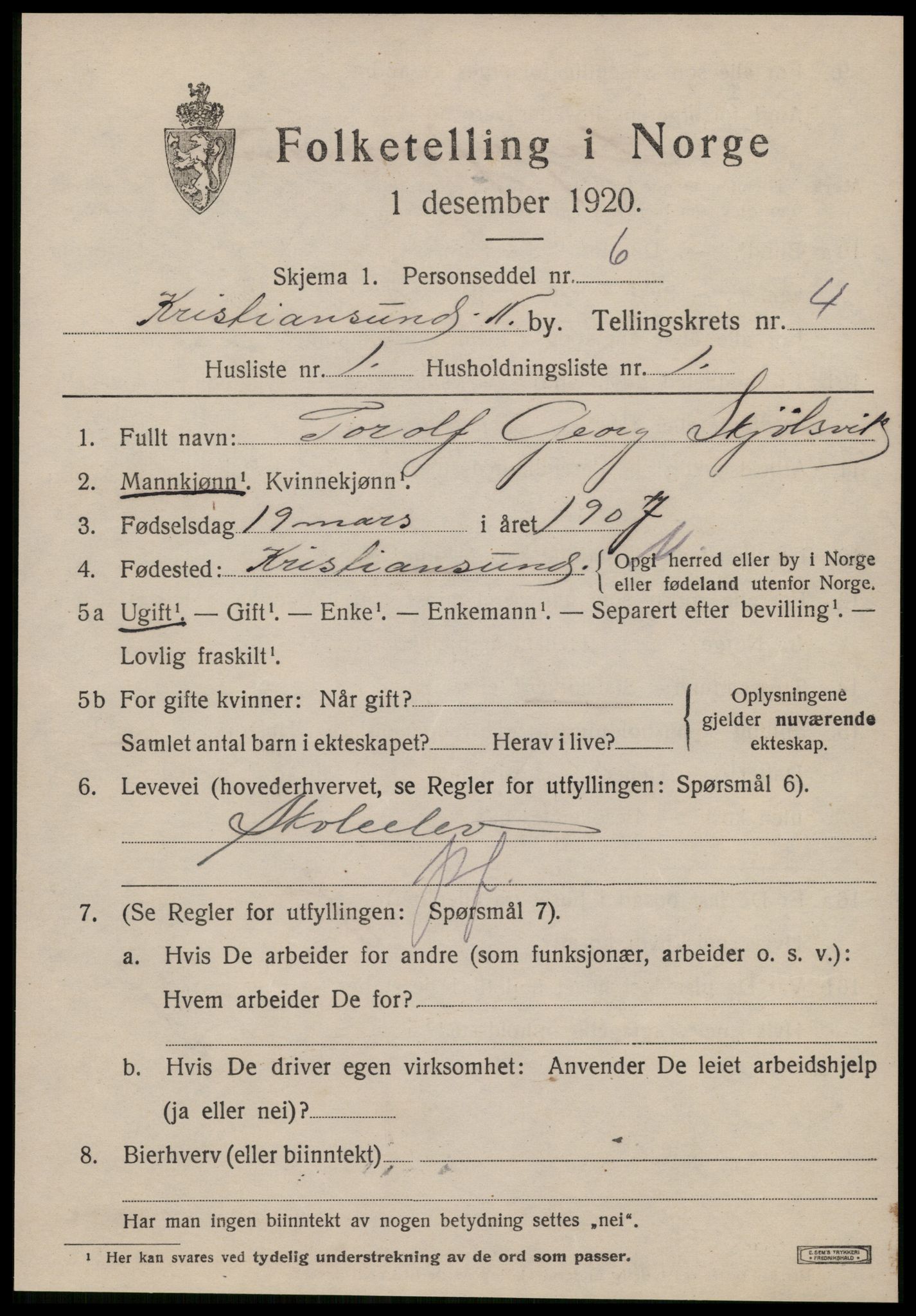 SAT, 1920 census for Kristiansund, 1920, p. 14897