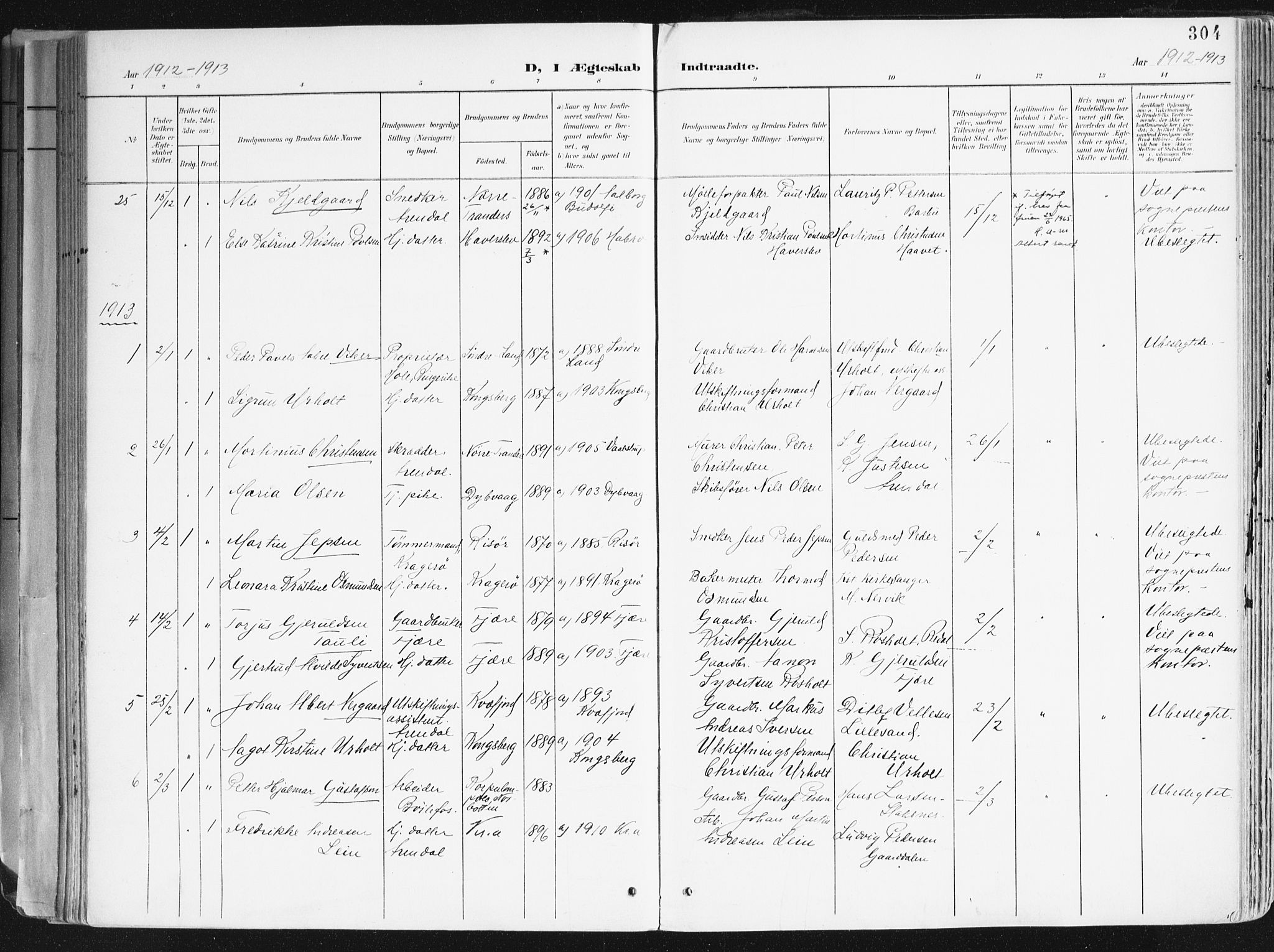 Arendal sokneprestkontor, Trefoldighet, SAK/1111-0040/F/Fa/L0010: Parish register (official) no. A 10, 1900-1919, p. 304