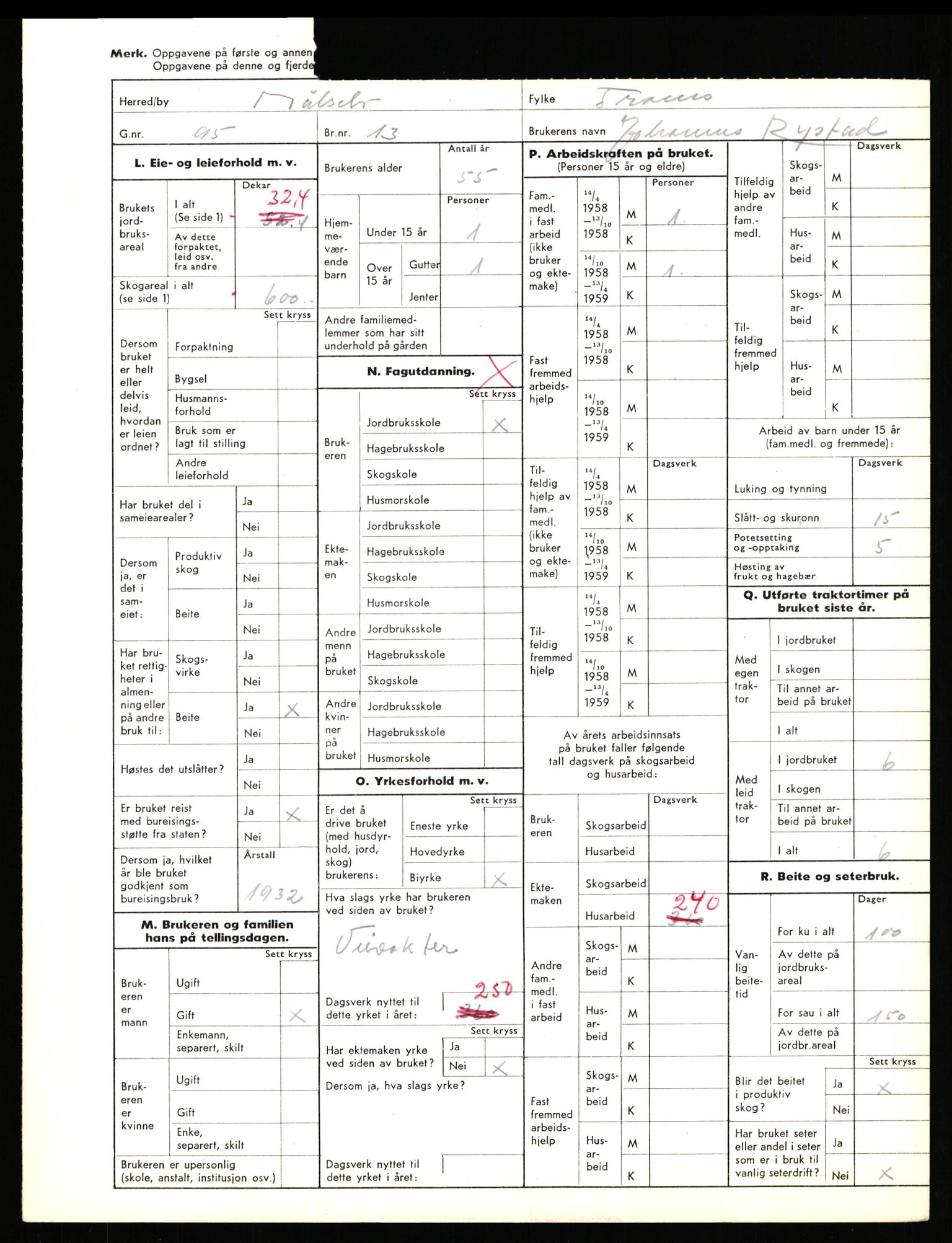 Statistisk sentralbyrå, Næringsøkonomiske emner, Jordbruk, skogbruk, jakt, fiske og fangst, AV/RA-S-2234/G/Gd/L0655: Troms: 1924 Målselv (kl. 4-10), 1959, p. 1155