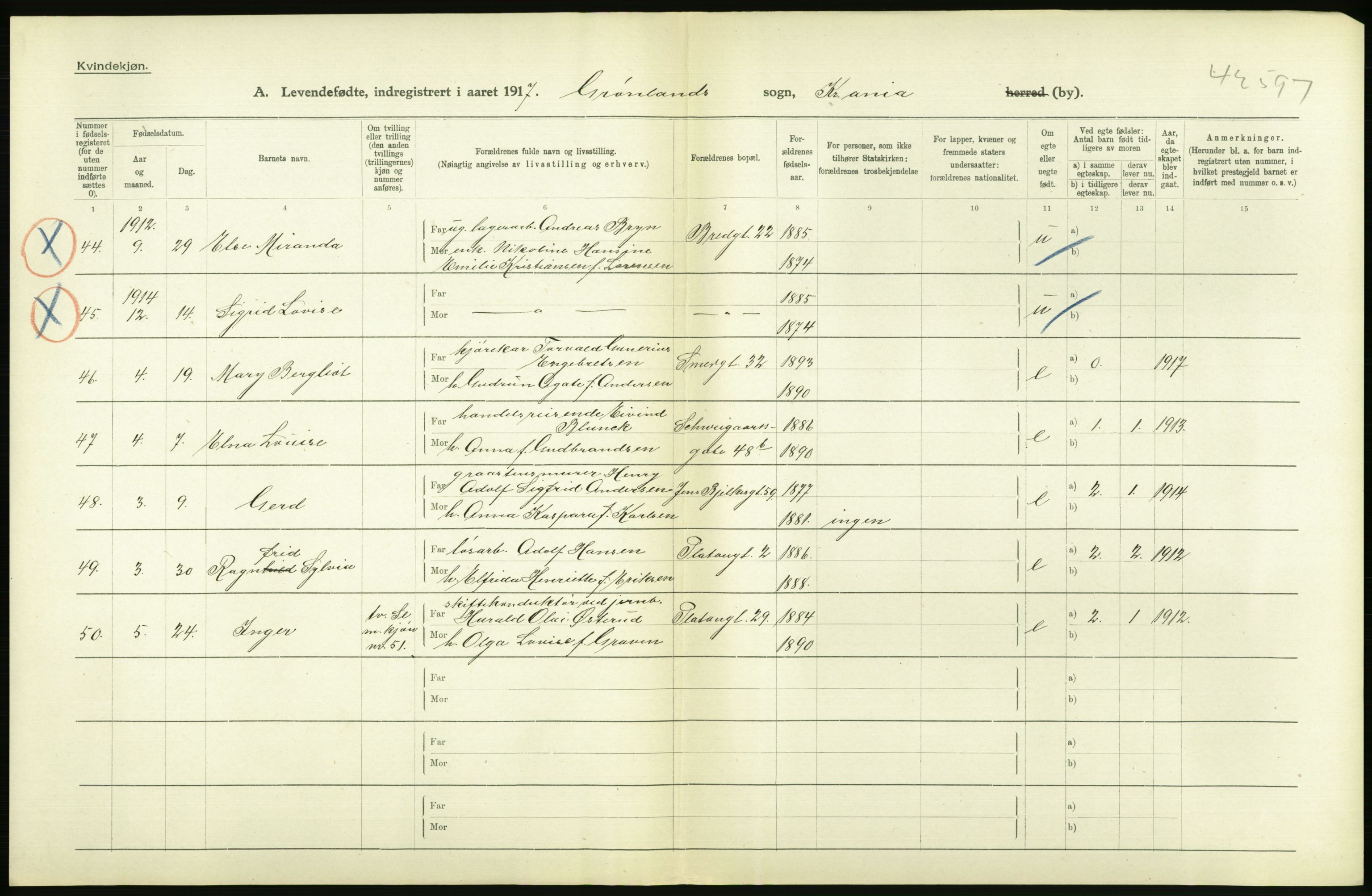 Statistisk sentralbyrå, Sosiodemografiske emner, Befolkning, AV/RA-S-2228/D/Df/Dfb/Dfbg/L0006: Kristiania: Levendefødte menn og kvinner., 1917, p. 40