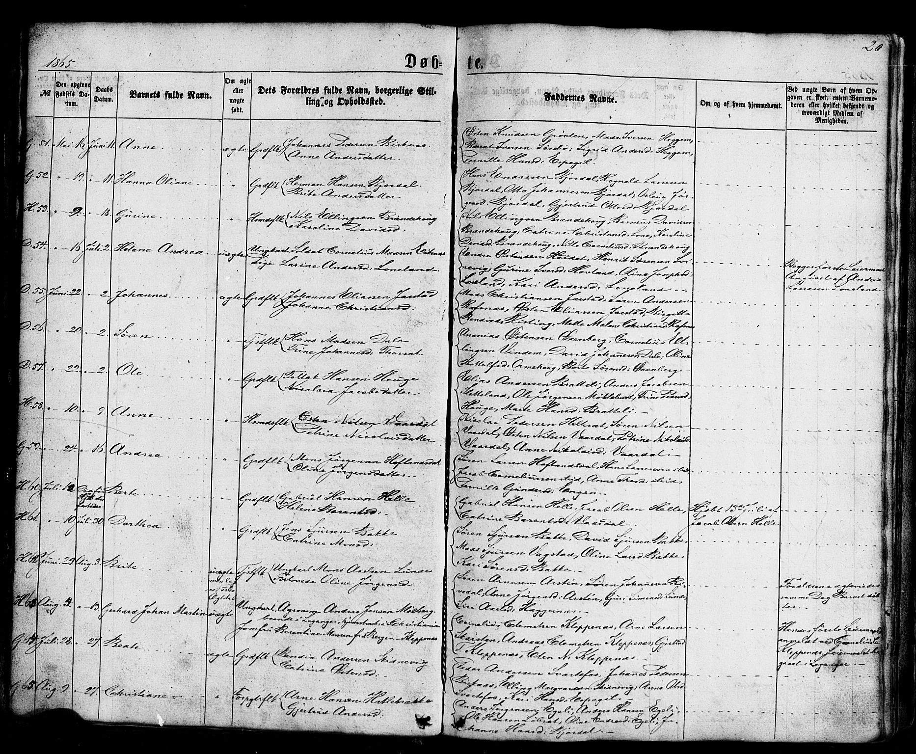 Fjaler sokneprestembete, AV/SAB-A-79801/H/Haa/Haaa/L0007: Parish register (official) no. A 7, 1862-1881, p. 20