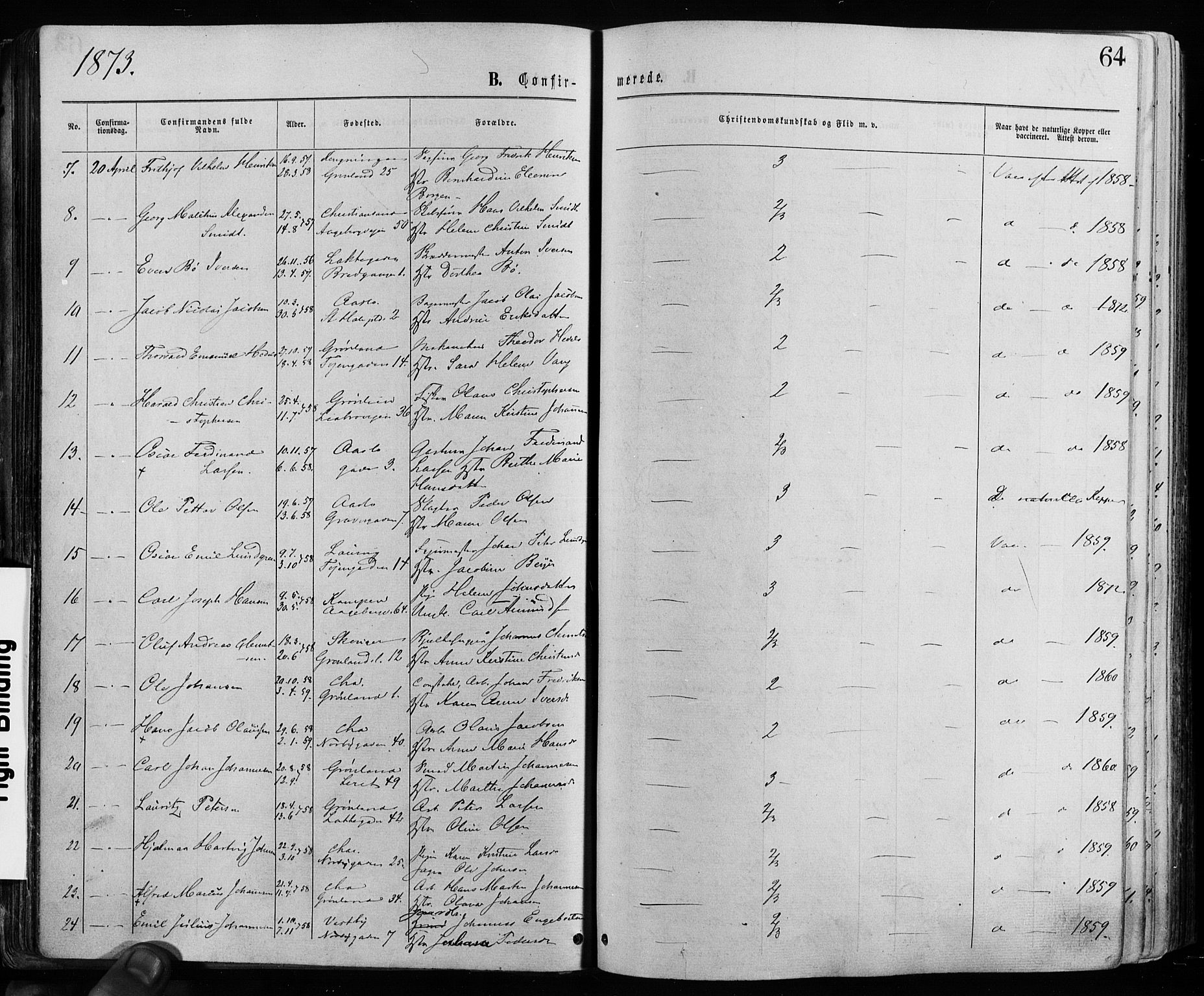 Grønland prestekontor Kirkebøker, AV/SAO-A-10848/F/Fa/L0005: Parish register (official) no. 5, 1869-1880, p. 64